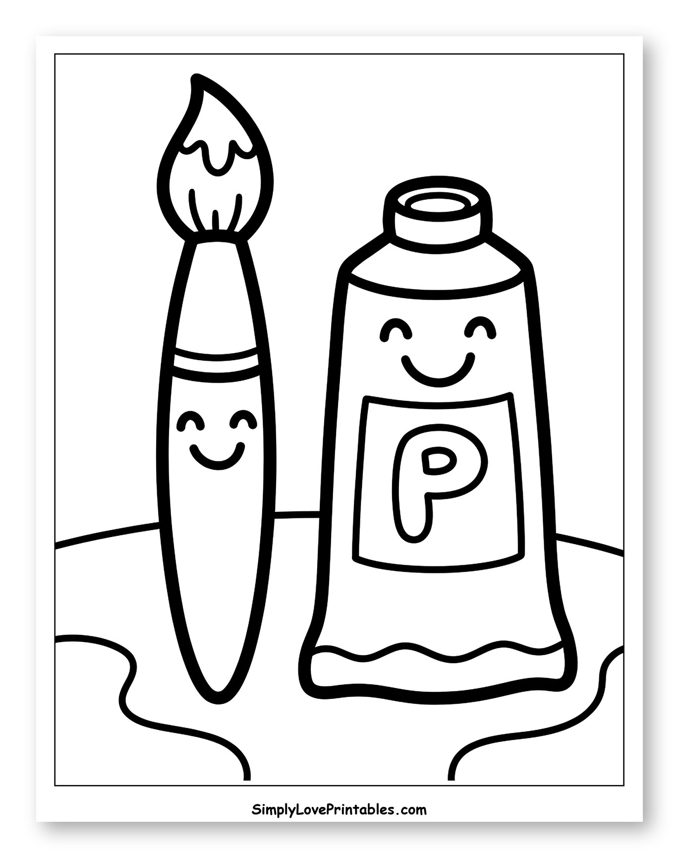 Smiling Paintbrush and Paint Tube Friends to Color for Toddlers