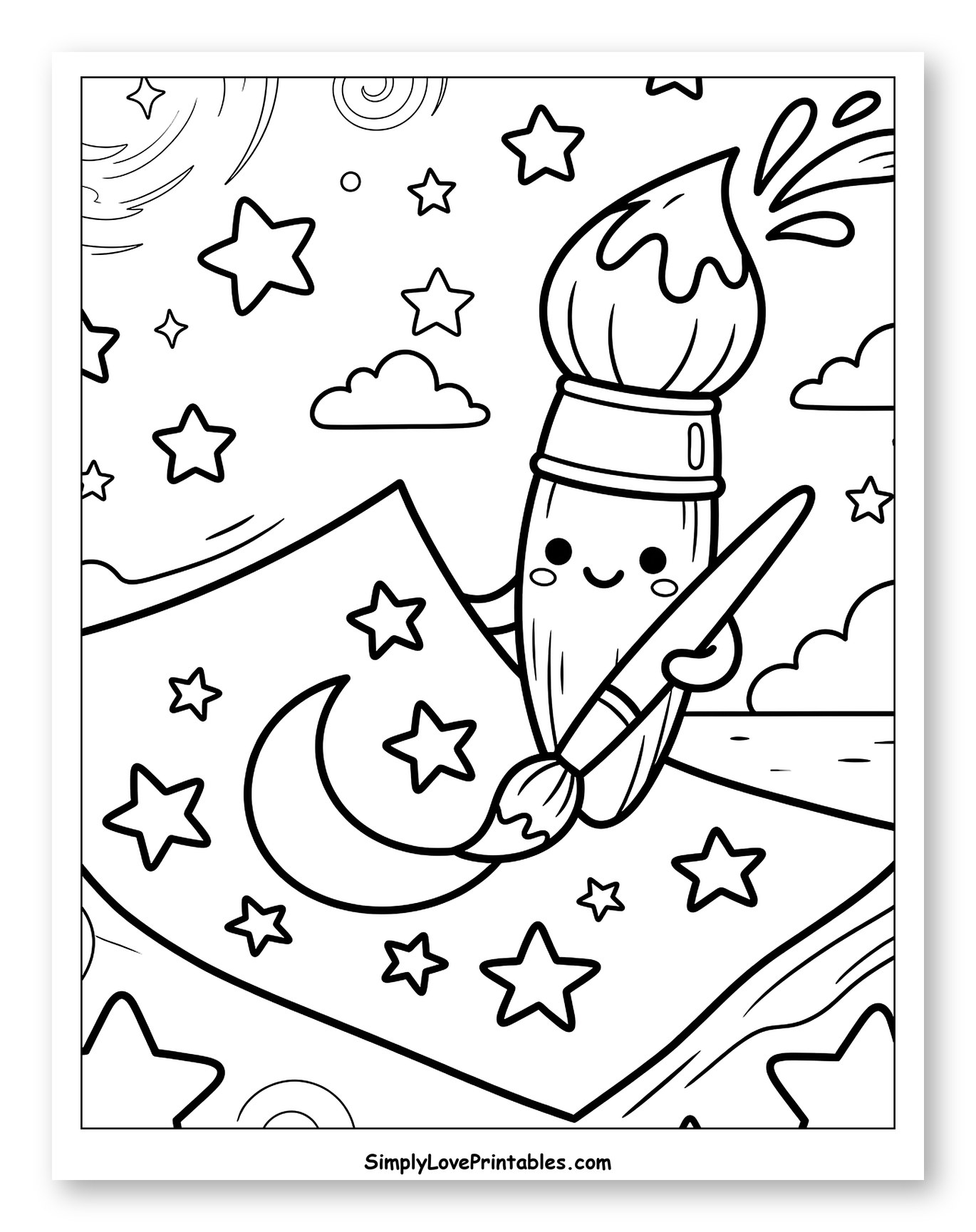 Smiling Paintbrush Painting a Starry Moon to Color for Kids