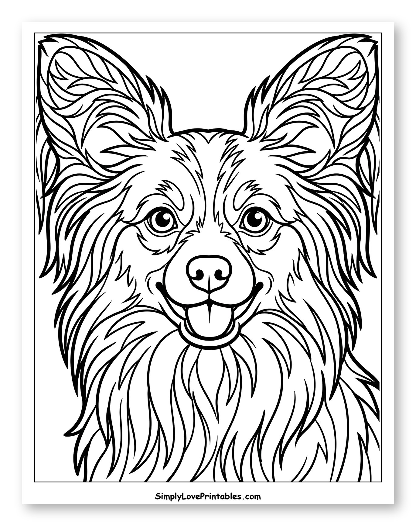 Smiling Papillon Dog with Tongue Out to Color for Toddlers