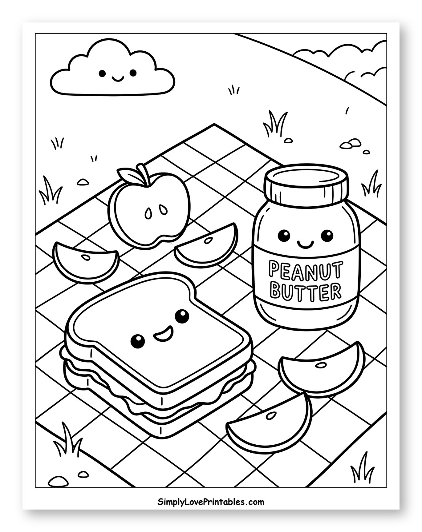 Smiling Peanut Butter Picnic with Apple Slices Coloring Page for Kids