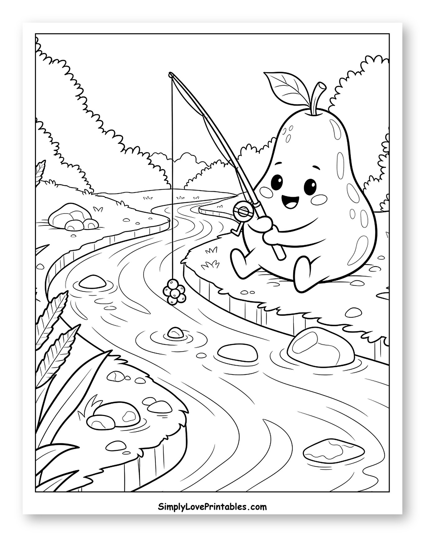 Smiling Pear Fishing by a Forest Stream
