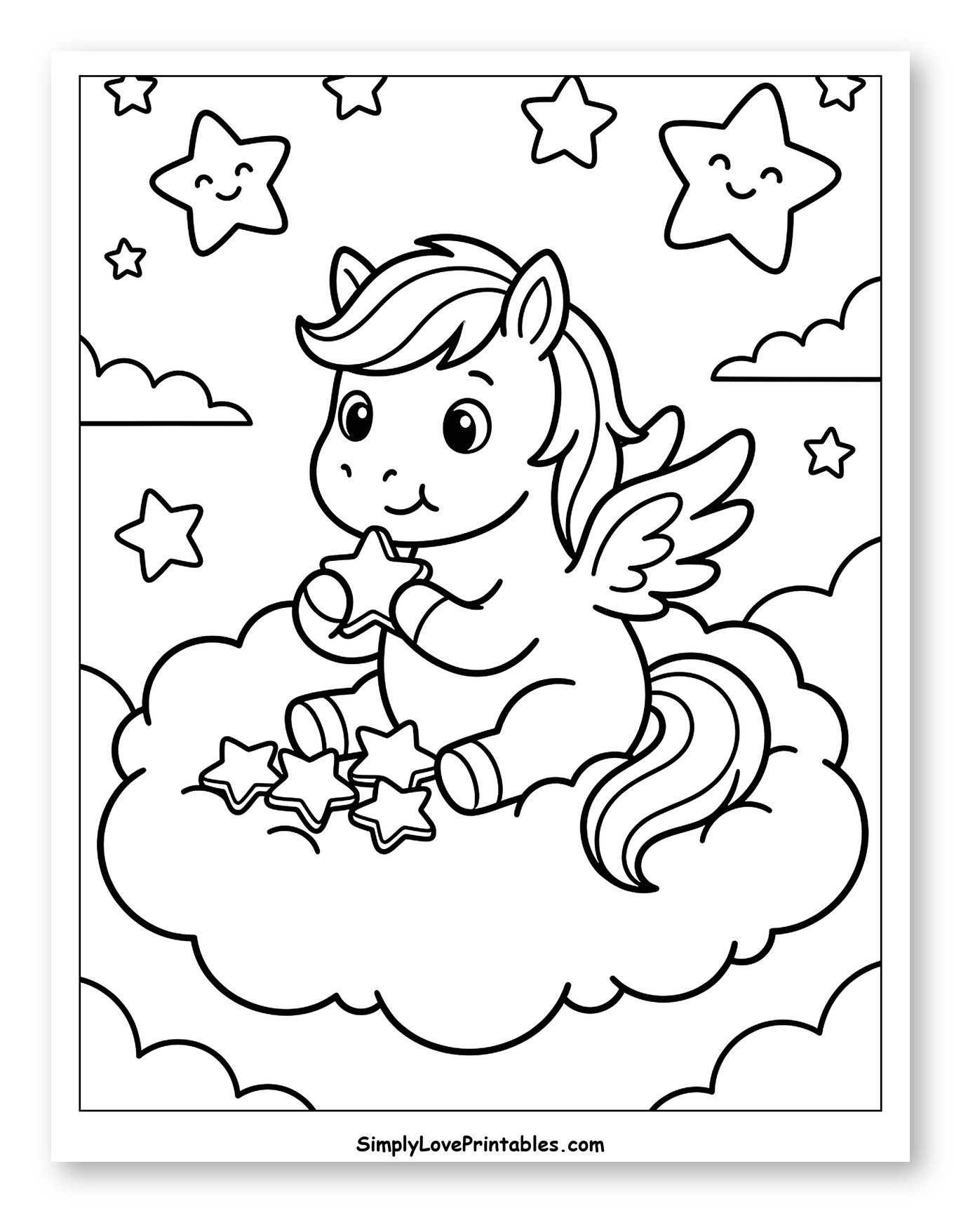Smiling Pegasus on Cloud Playing with Stars Coloring Sheet for Kids