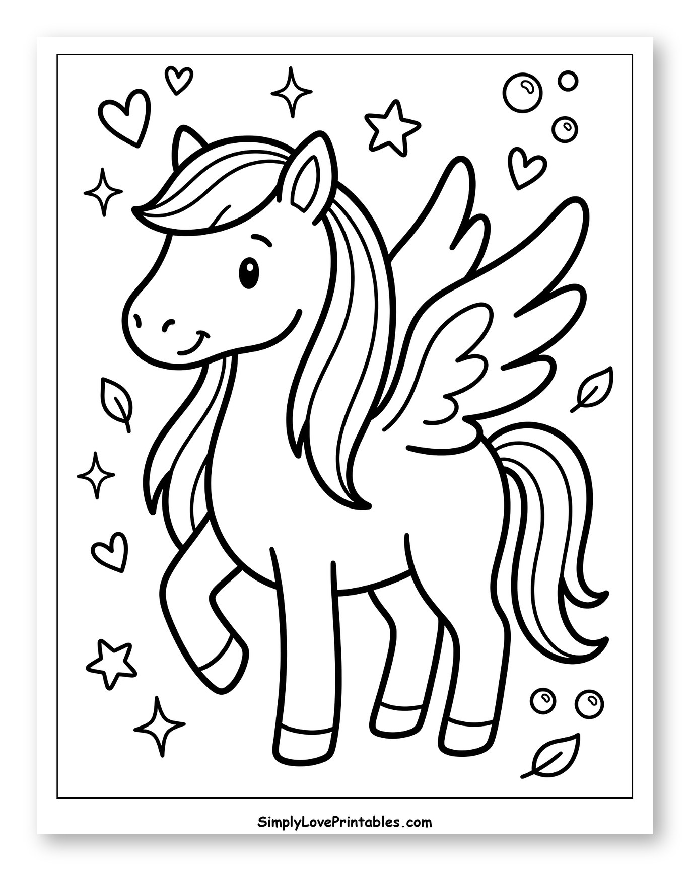 Smiling Pegasus with Hearts, Stars, and Wings Coloring Sheet for Adults