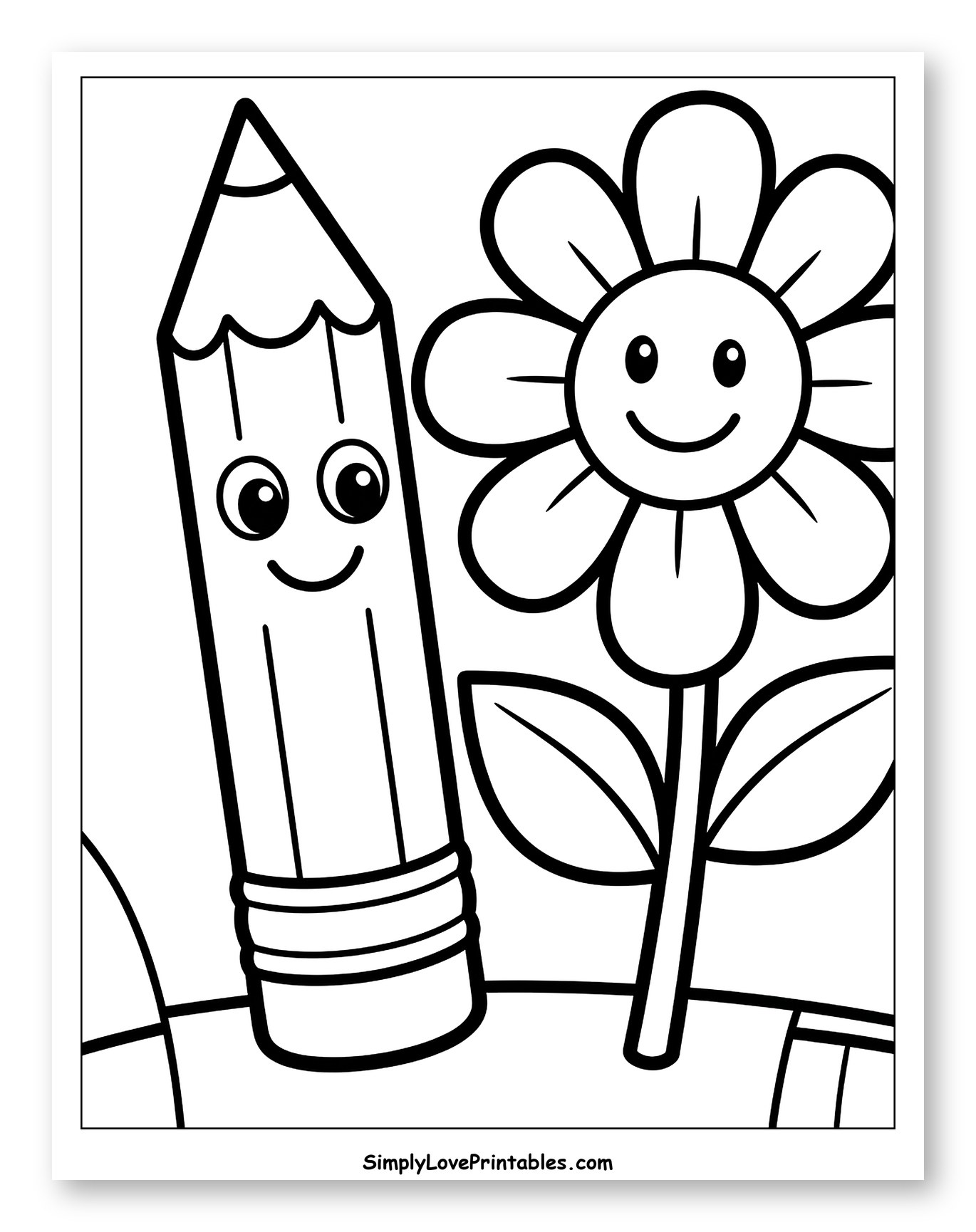 Smiling Pencil and Cute Flower to Color for Toddlers