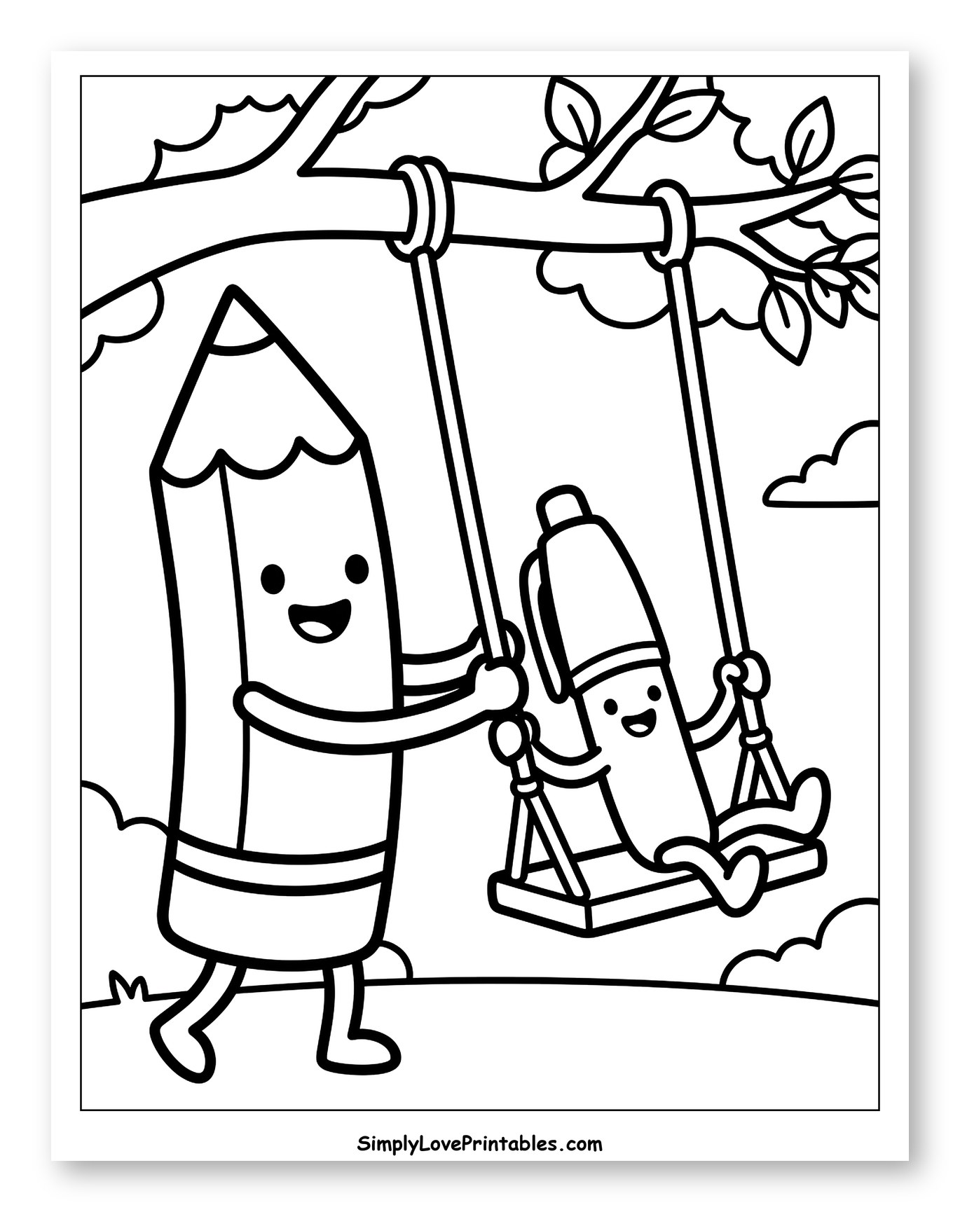 Smiling Pencil Pushing Pen on a Swing Coloring Sheet for Toddlers