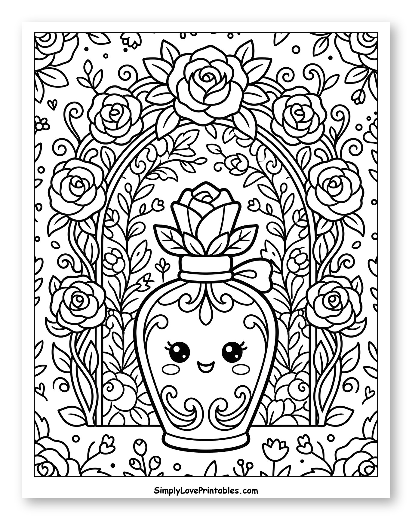 Smiling Perfume Bottle in Floral Archway