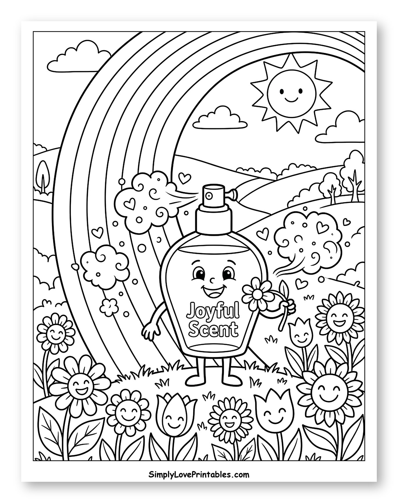 Smiling Perfume Bottle with Rainbow and Flowers Coloring Page for Kids