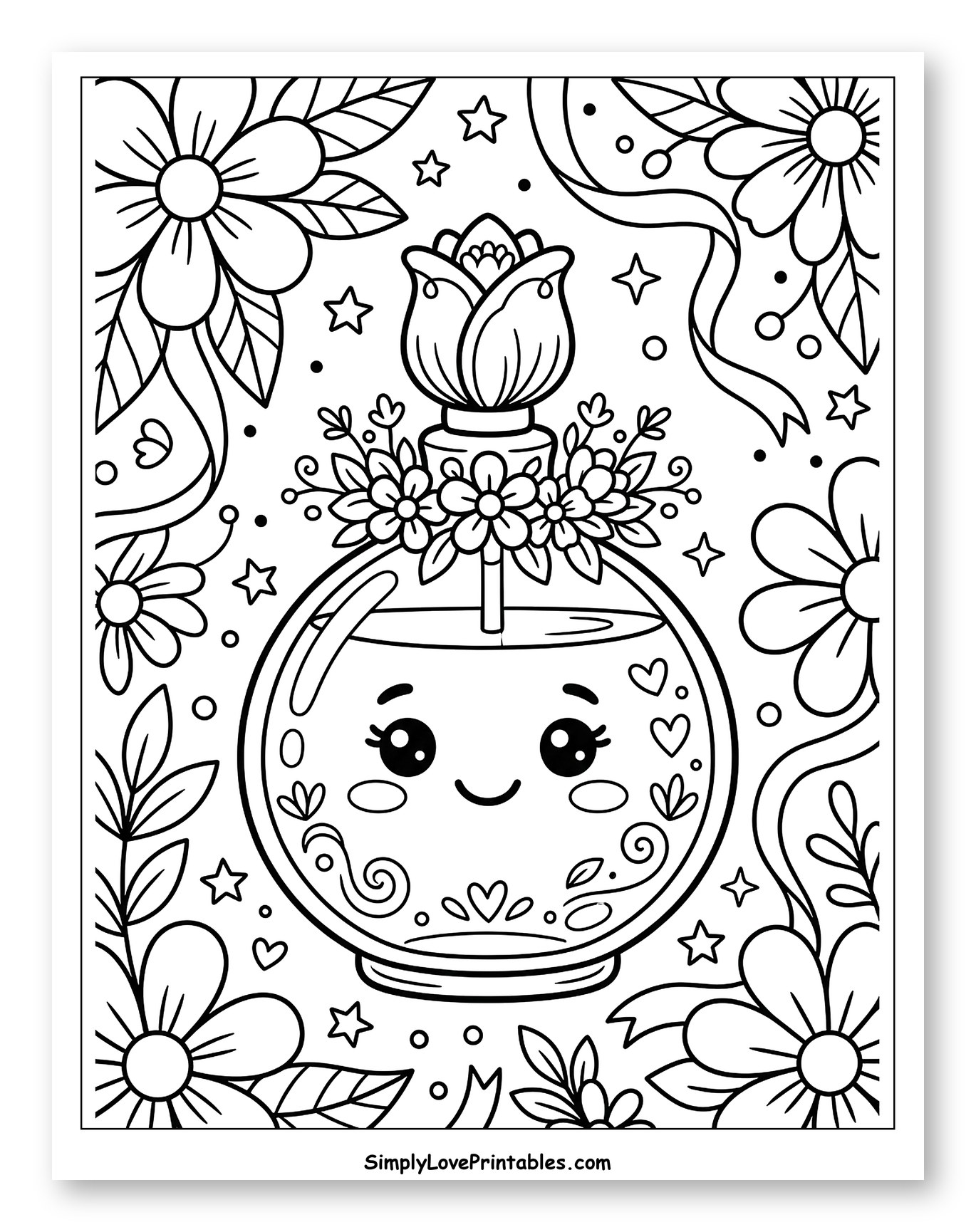 Smiling Perfume Bottle with Rose Top and Floral Frame to Color for Kids