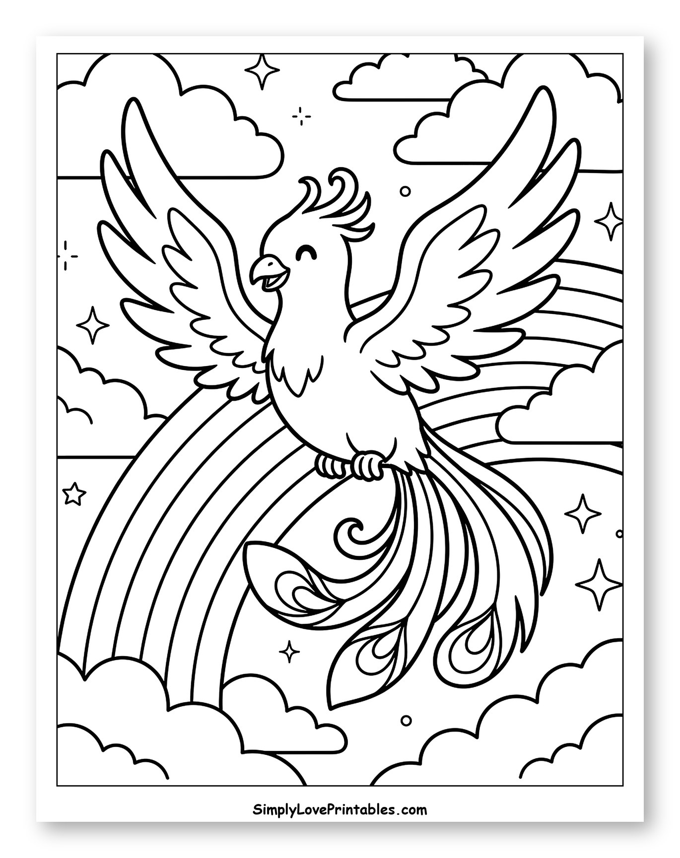Smiling Phoenix on a Rainbow with Stars