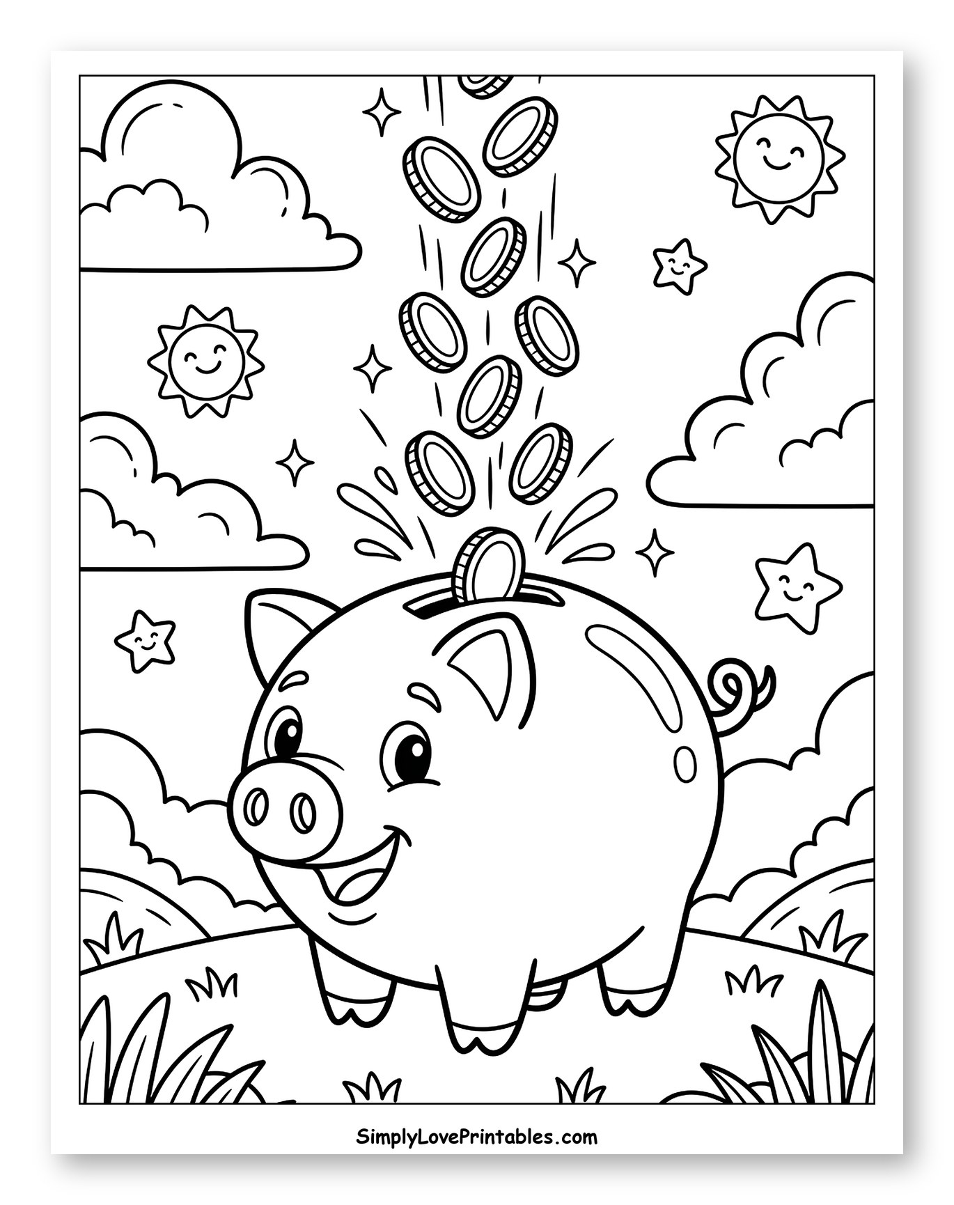 Smiling Piggy Bank Catching Raining Coins