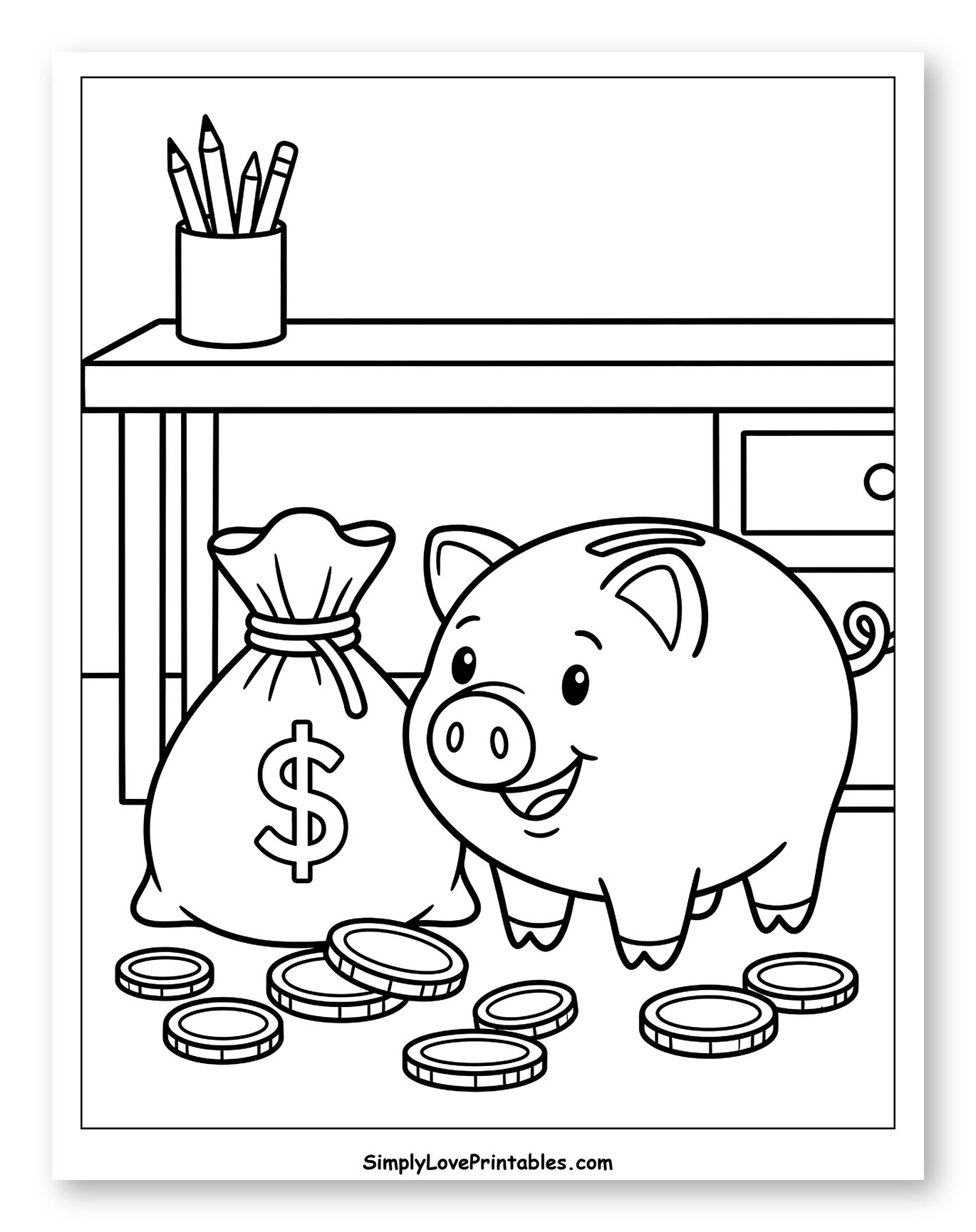 Smiling Piggy Bank with Money Bag and Coins to Color for Kids