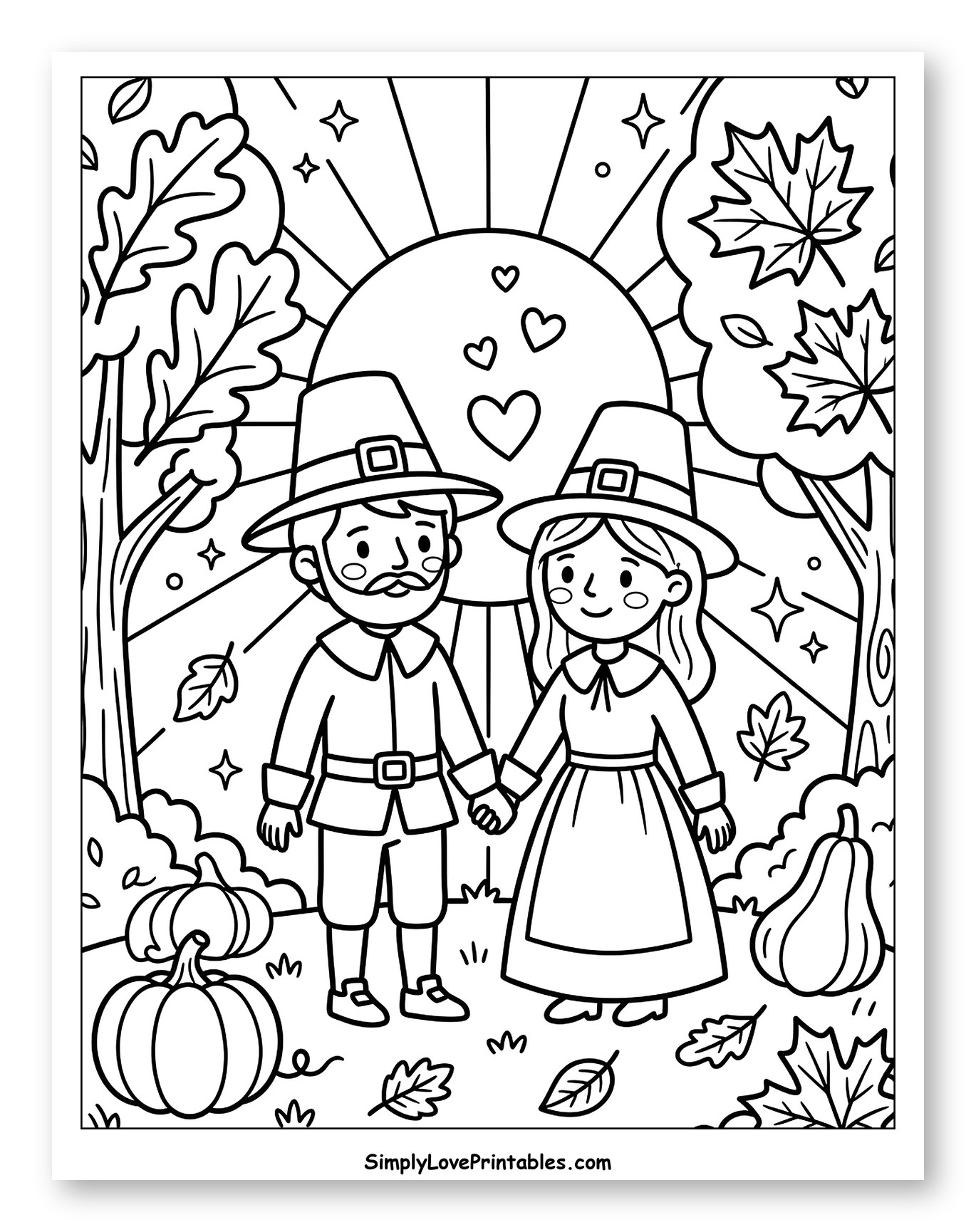 Smiling Pilgrim Couple Holding Hands in Autumn Coloring Sheet for Adults
