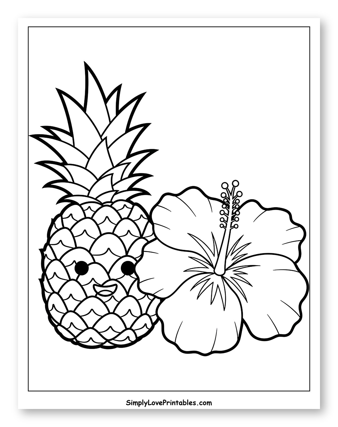 Smiling Pineapple and Hibiscus Blossom to Color for Toddlers
