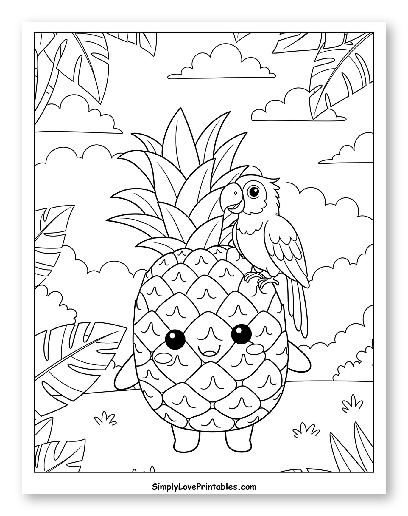 Smiling Pineapple and Parrot under Tropical Leaves to Color for Kids