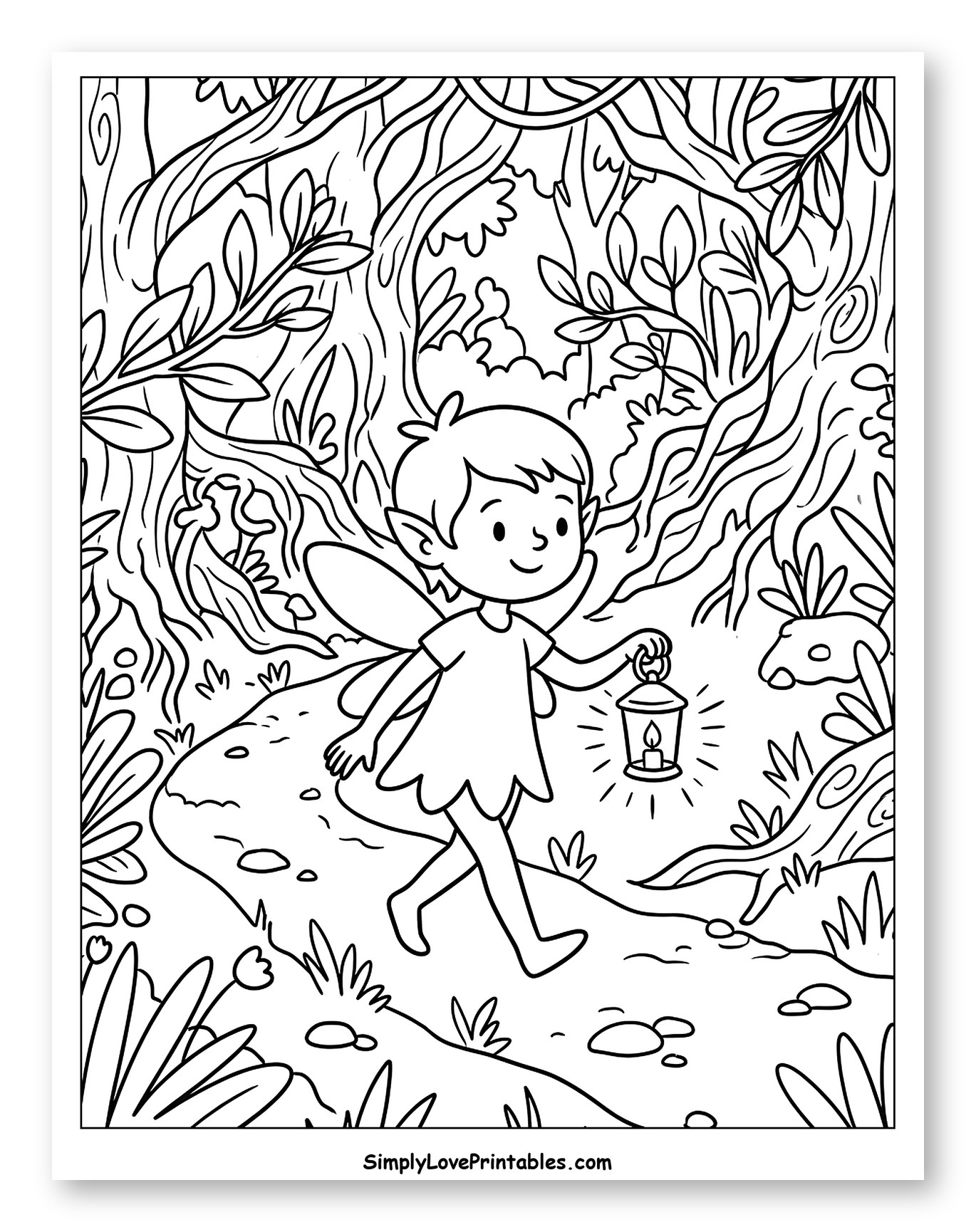 Smiling Pixie Exploring Forest with Lit Lantern Coloring Sheet for Kids