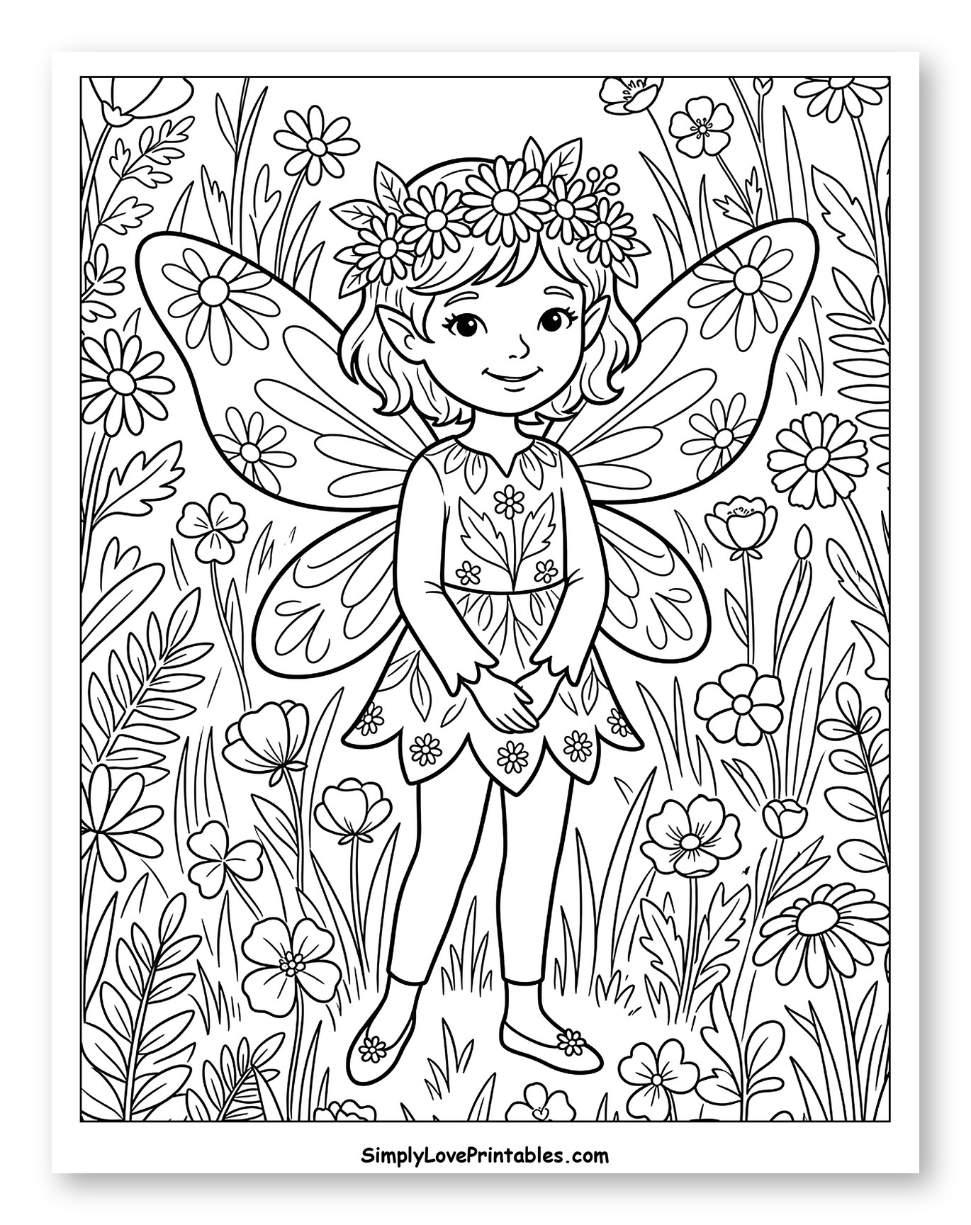 Smiling Pixie Girl in a Flowery Meadow Coloring Page for Kids