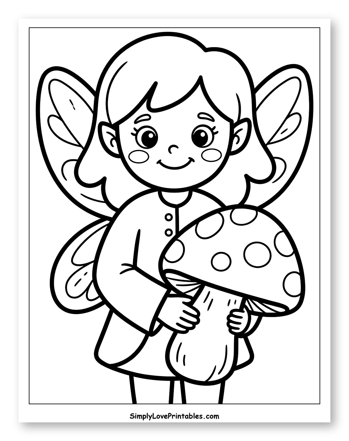 Smiling Pixie Holding a Spotted Mushroom to Color for Toddlers