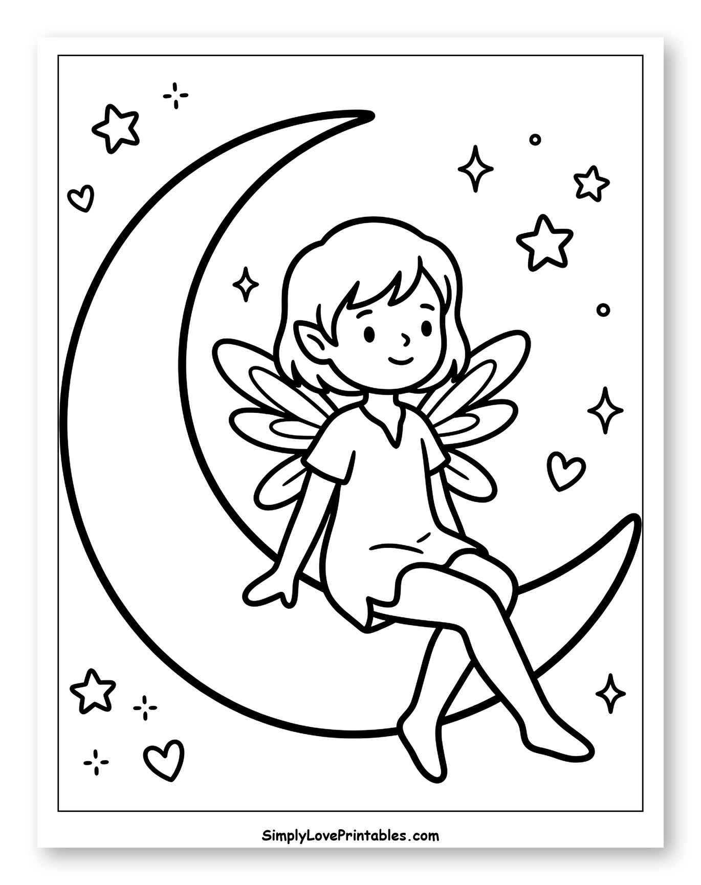 Smiling Pixie on Moon and Stars Coloring Page for Adults