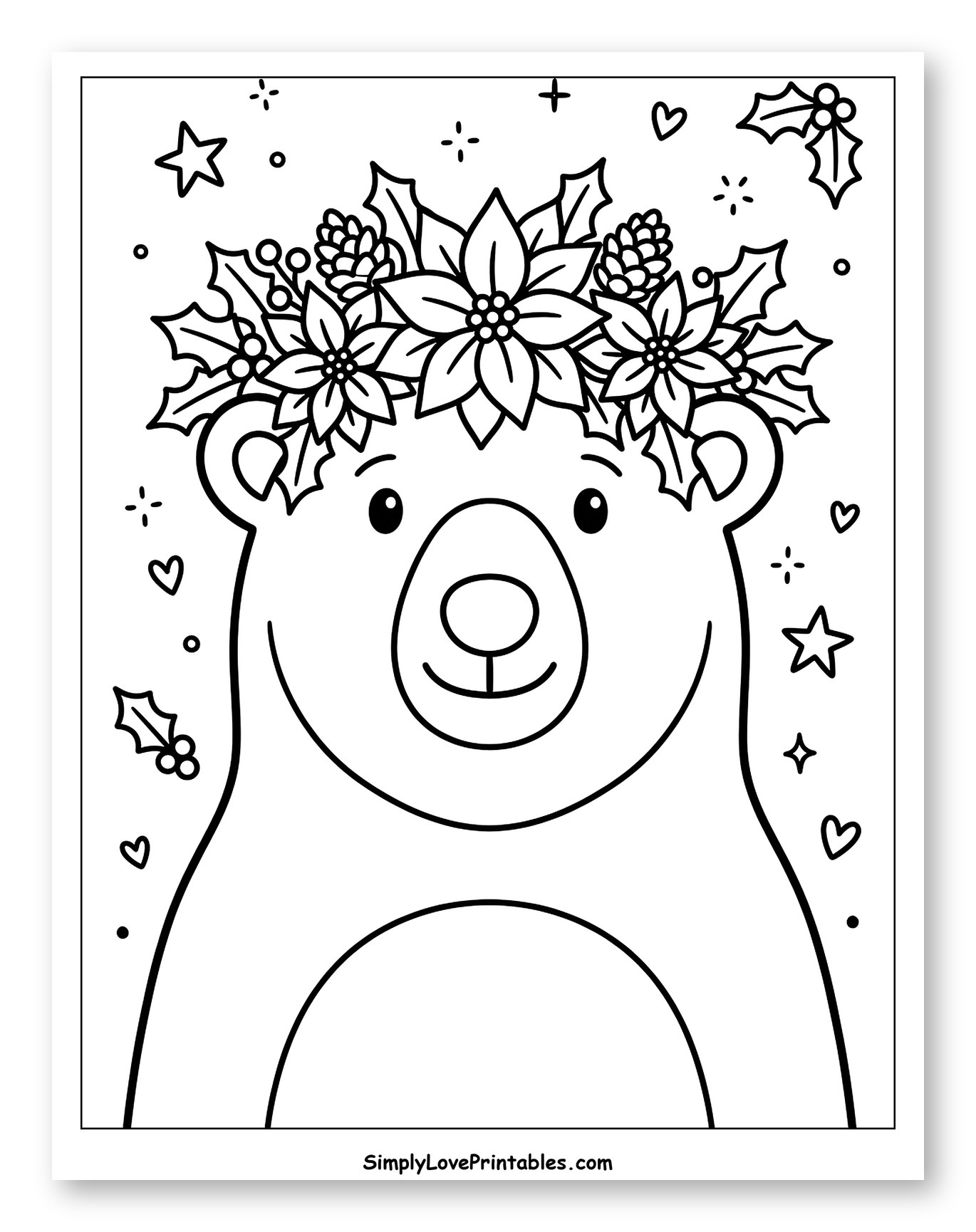 Smiling Polar Bear in a Festive Floral Wreath to Color for Adults