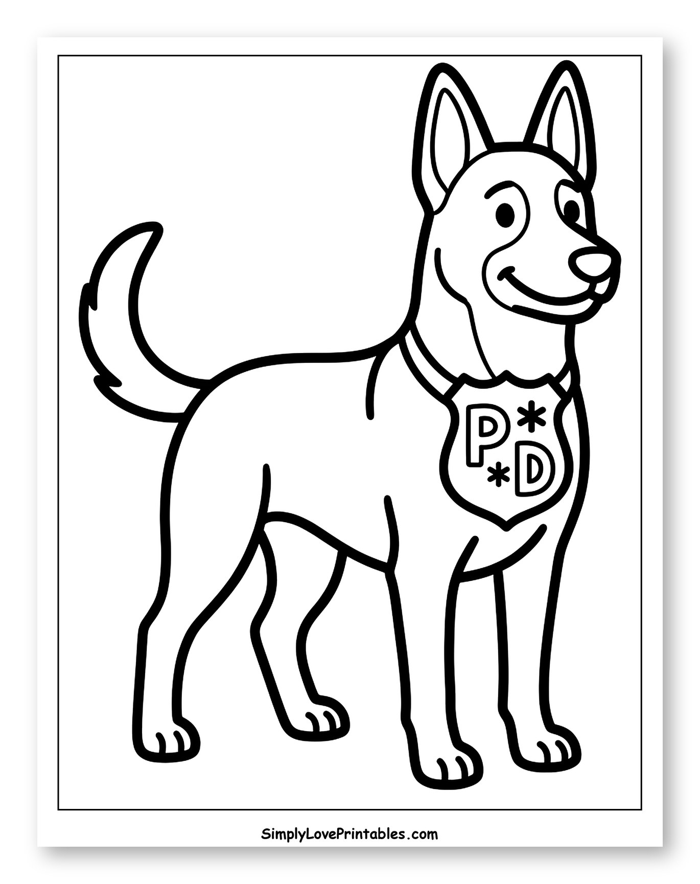 Smiling Police Dog Wearing a Badge Coloring Sheet for Toddlers