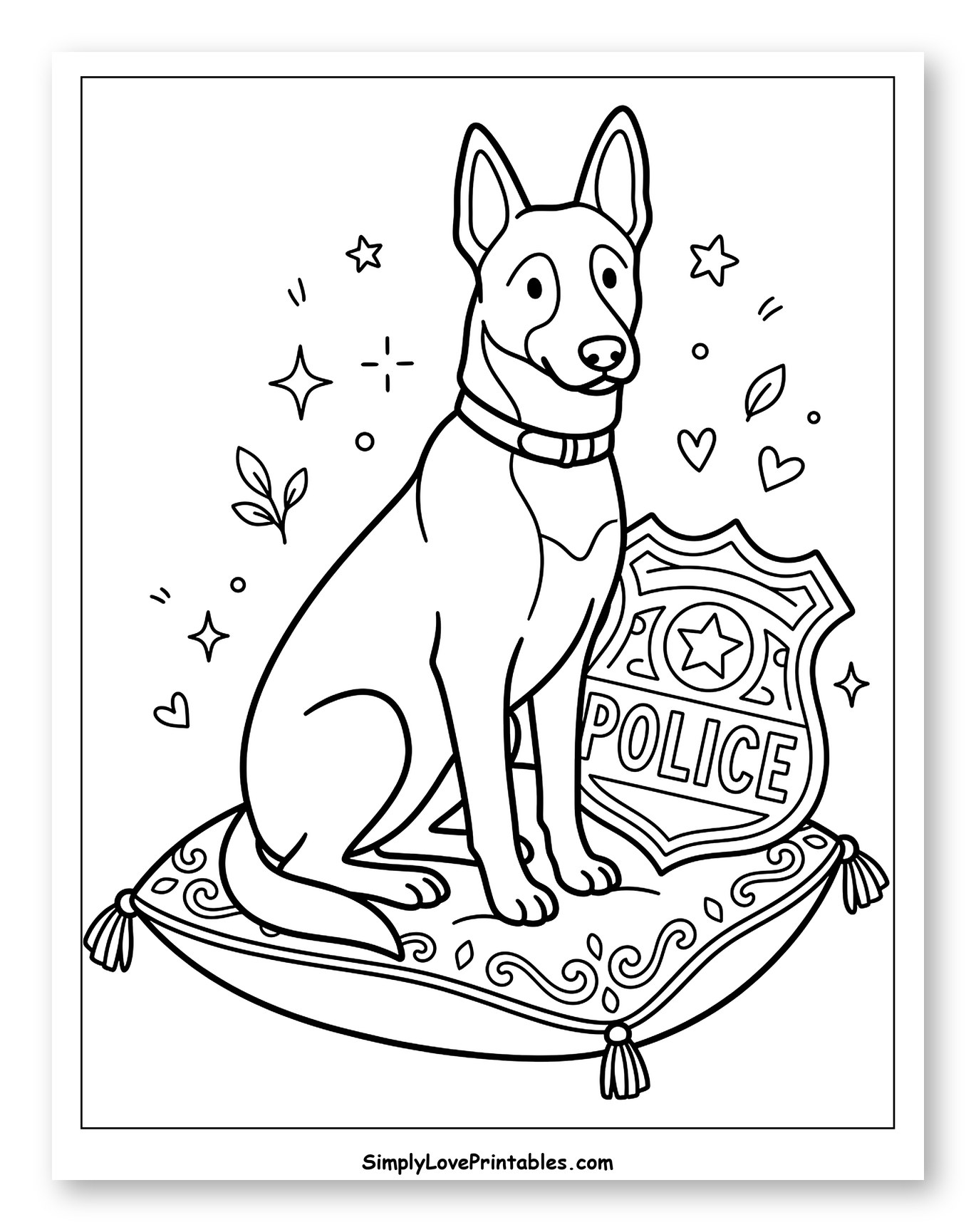 Smiling Police Dog with Badge and Cushion to Color for Adults