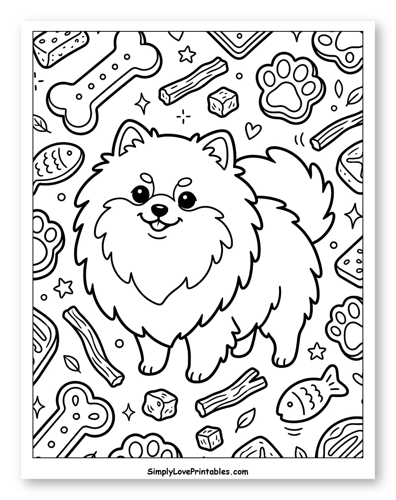 Smiling Pomeranian with Assorted Pet Goodies Coloring Page for Adults