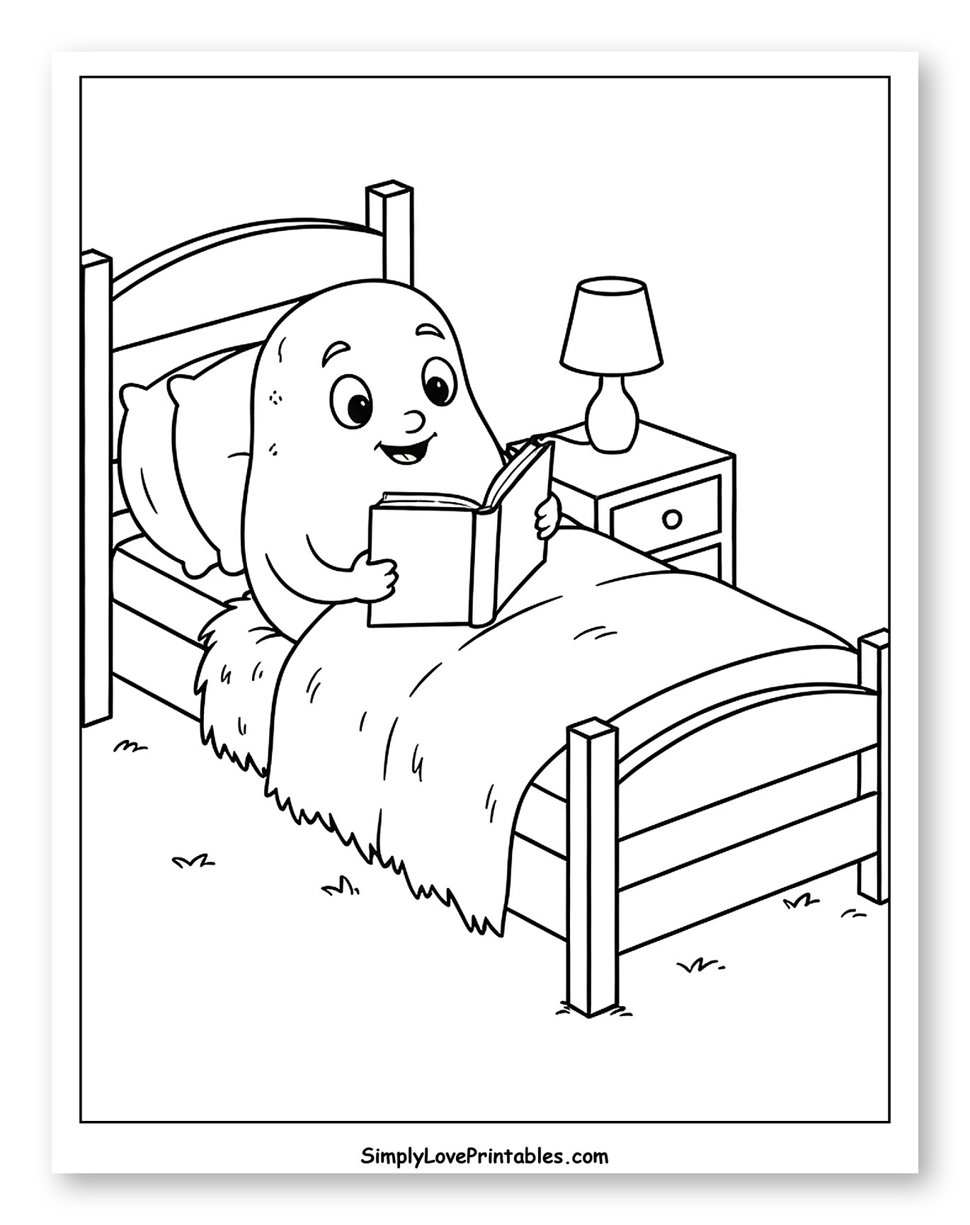 Smiling Potato Reading Bedtime Story Coloring Sheet for Kids