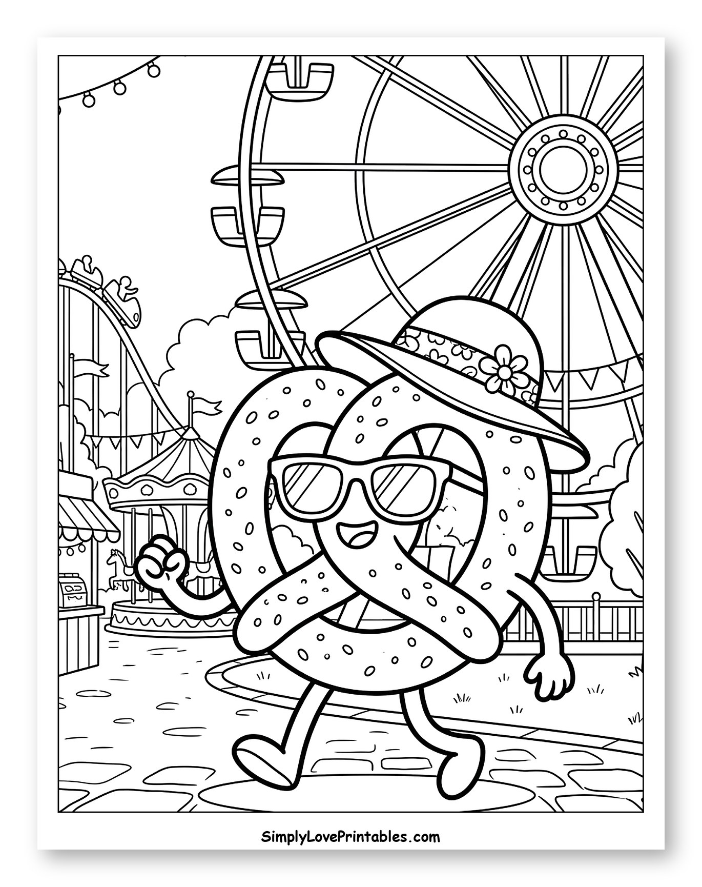 Smiling Pretzel Walking Through Amusement Park