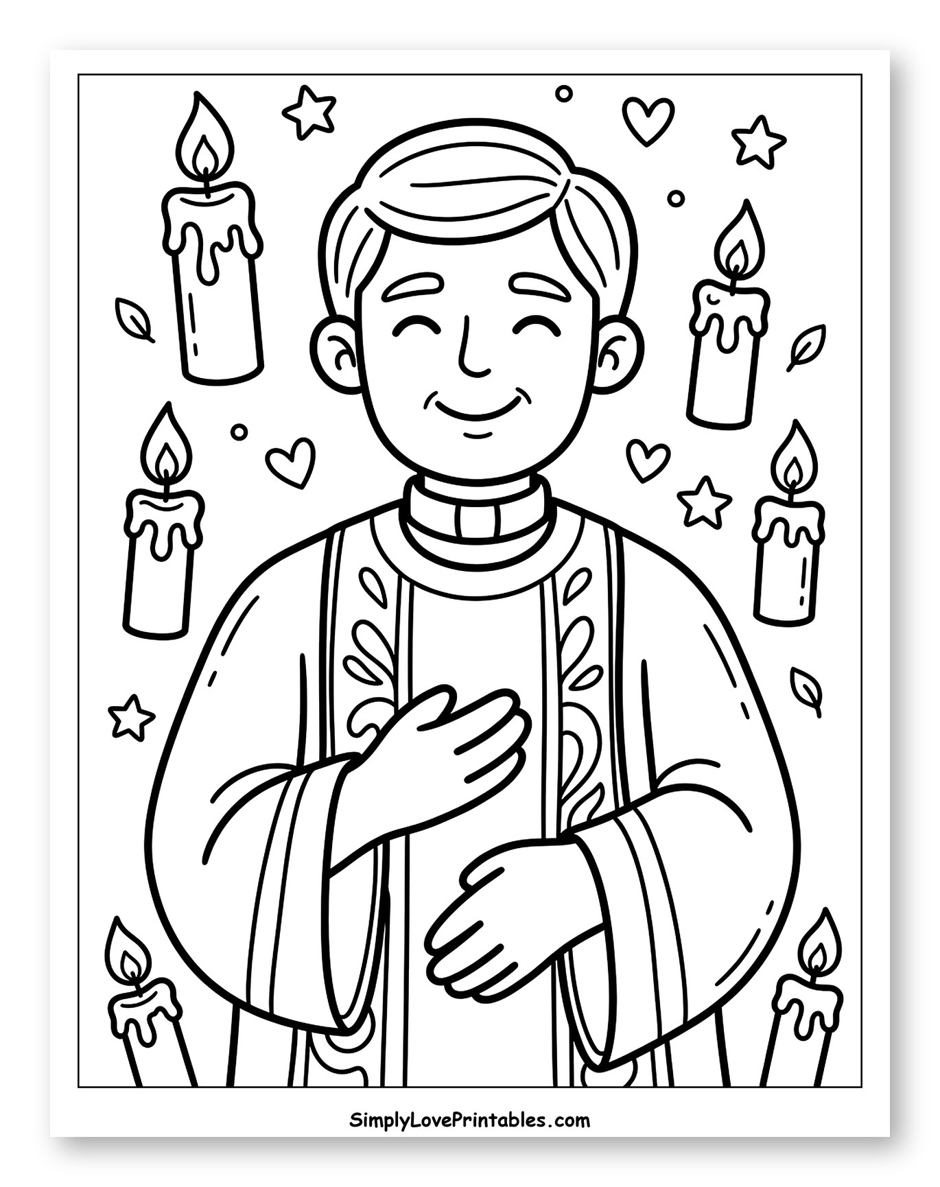 Smiling Priest with Candles and Stars to Color for Adults