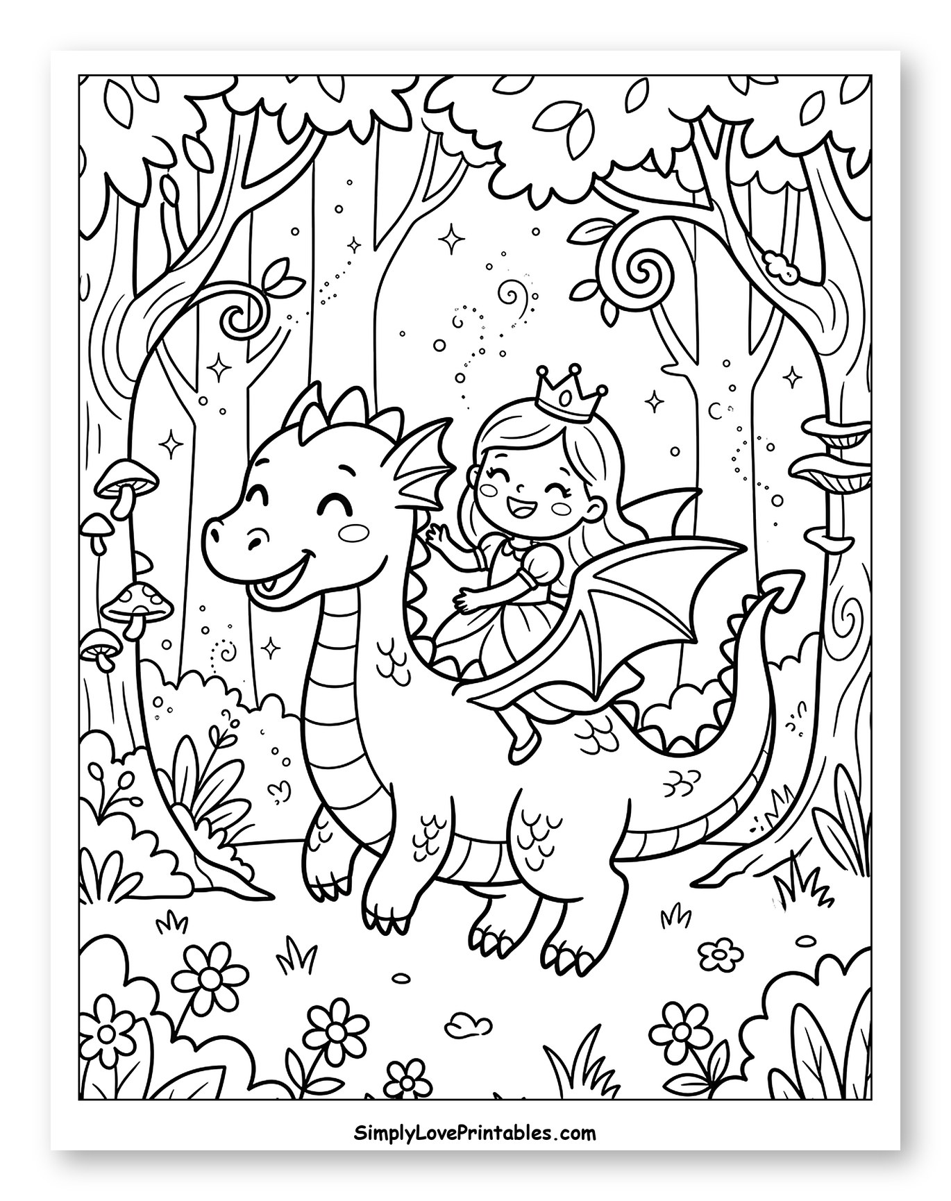 Smiling Princess Rides Dragon Through Enchanted Woods
