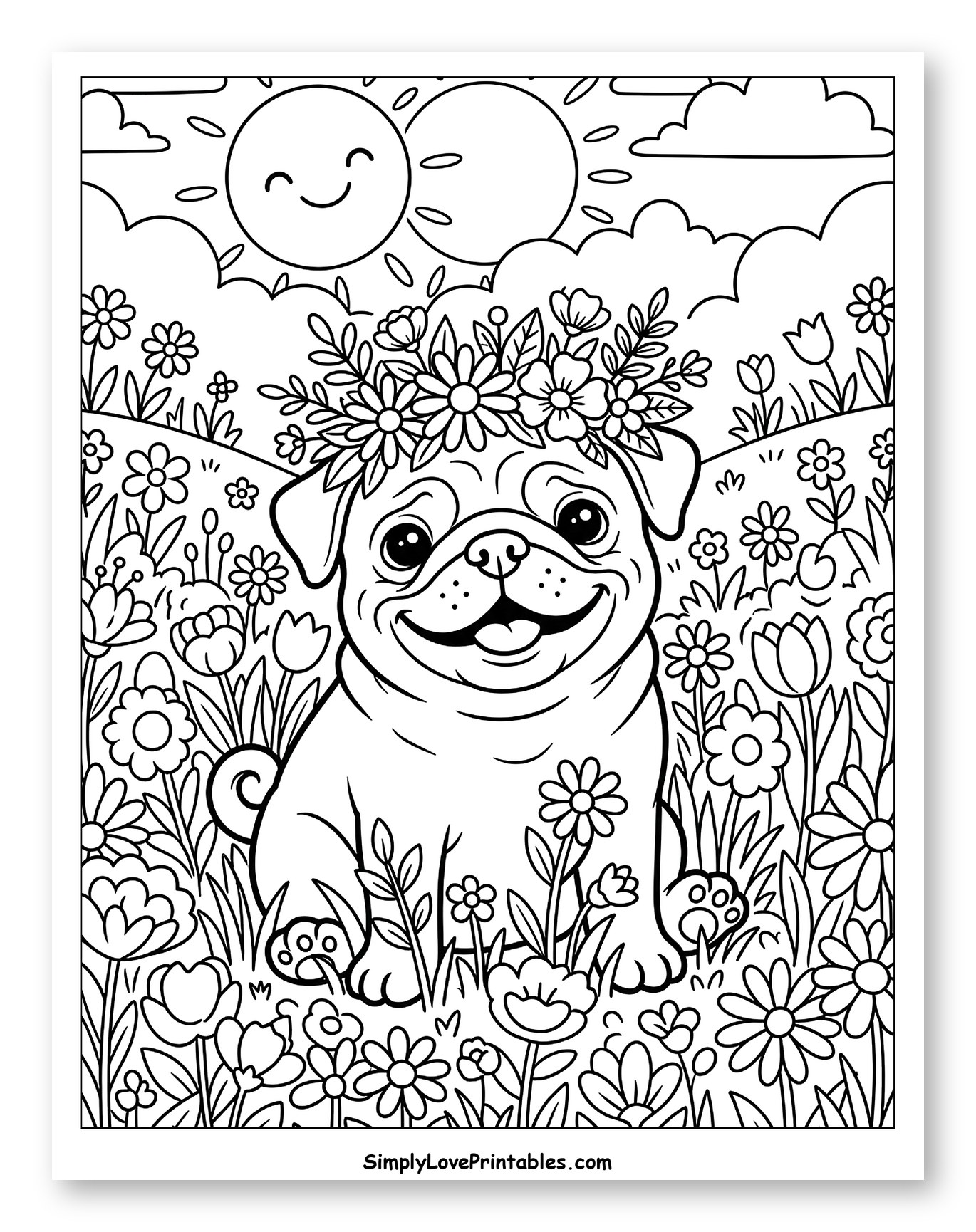 Smiling Pug with Flower Crown in Sunny Field to Color for Kids