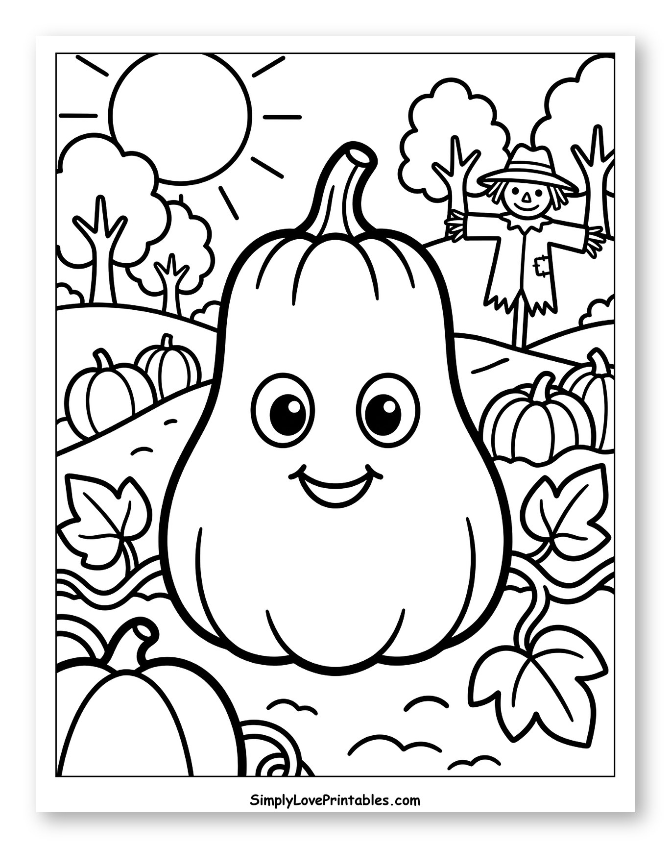 Smiling Pumpkin and Scarecrow in the Patch