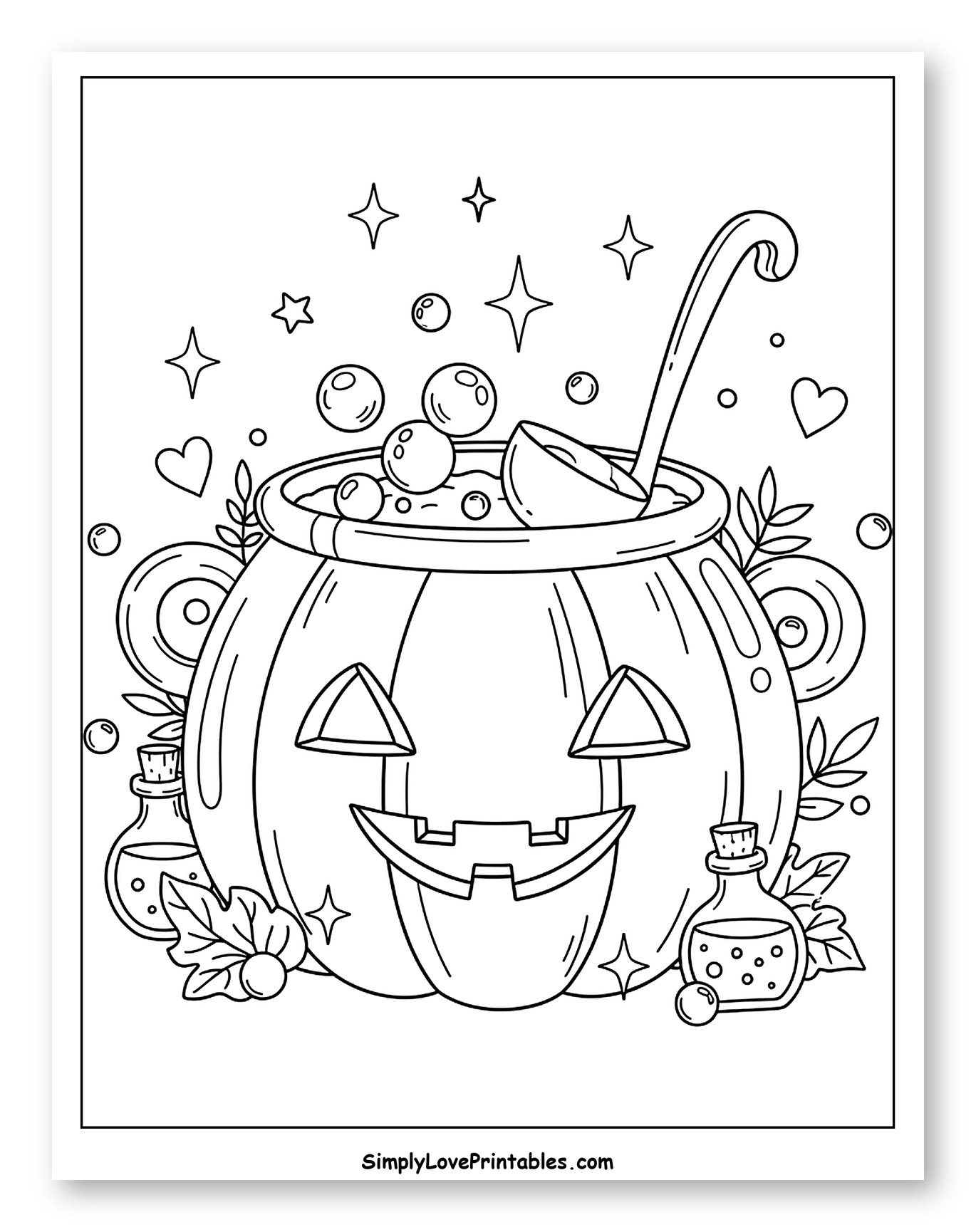 Smiling Pumpkin Cauldron with Bubbling Potion