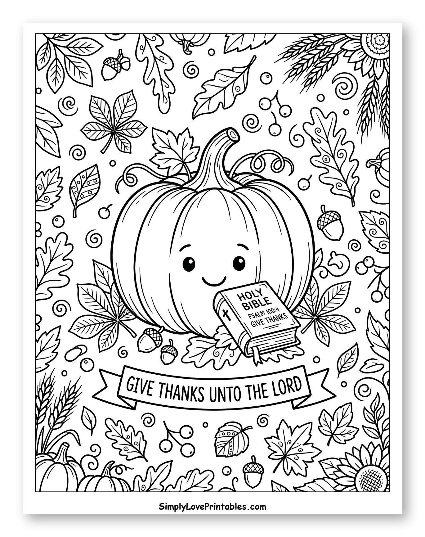 Smiling Pumpkin Holding Bible with Autumn Harvest