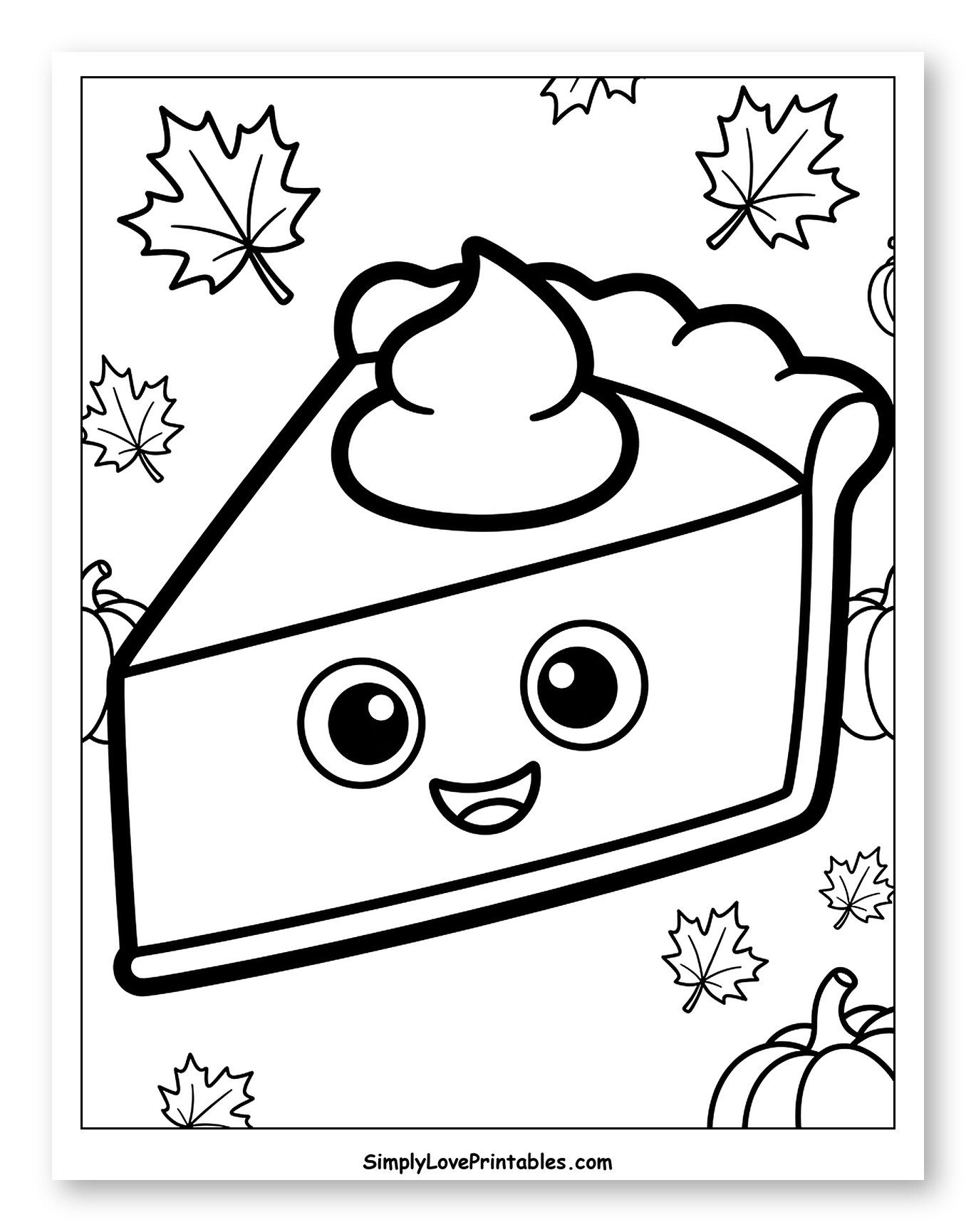 Smiling Pumpkin Pie Slice with Autumn Leaves Coloring Page for Toddlers