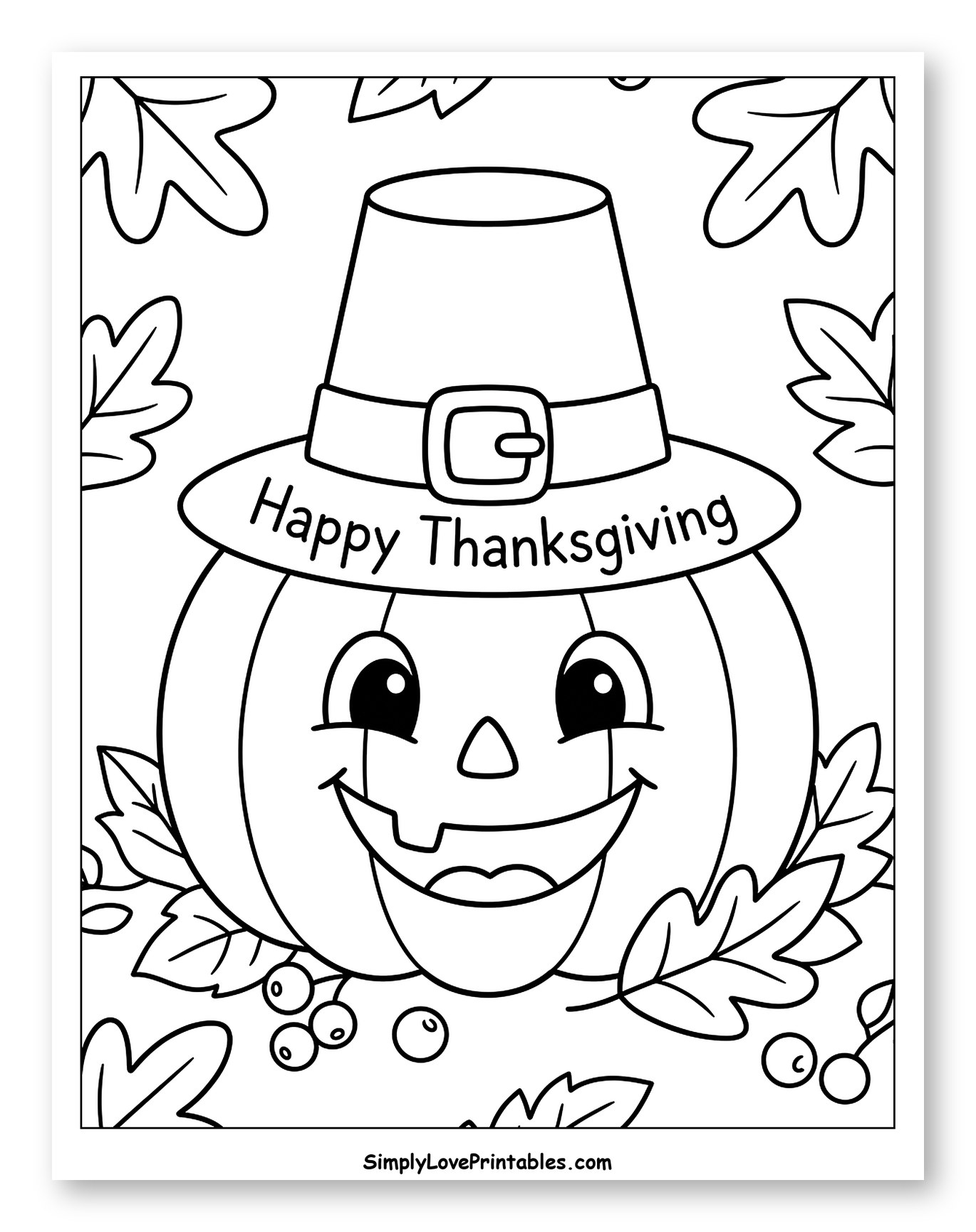 Smiling Pumpkin with Pilgrim Hat and Autumn Leaves Coloring Sheet for Kids
