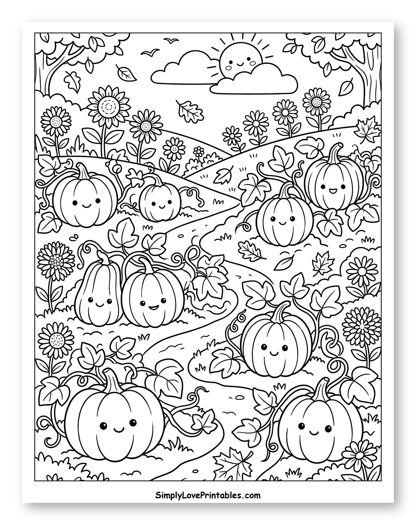 Smiling Pumpkins along a Winding Autumn Path