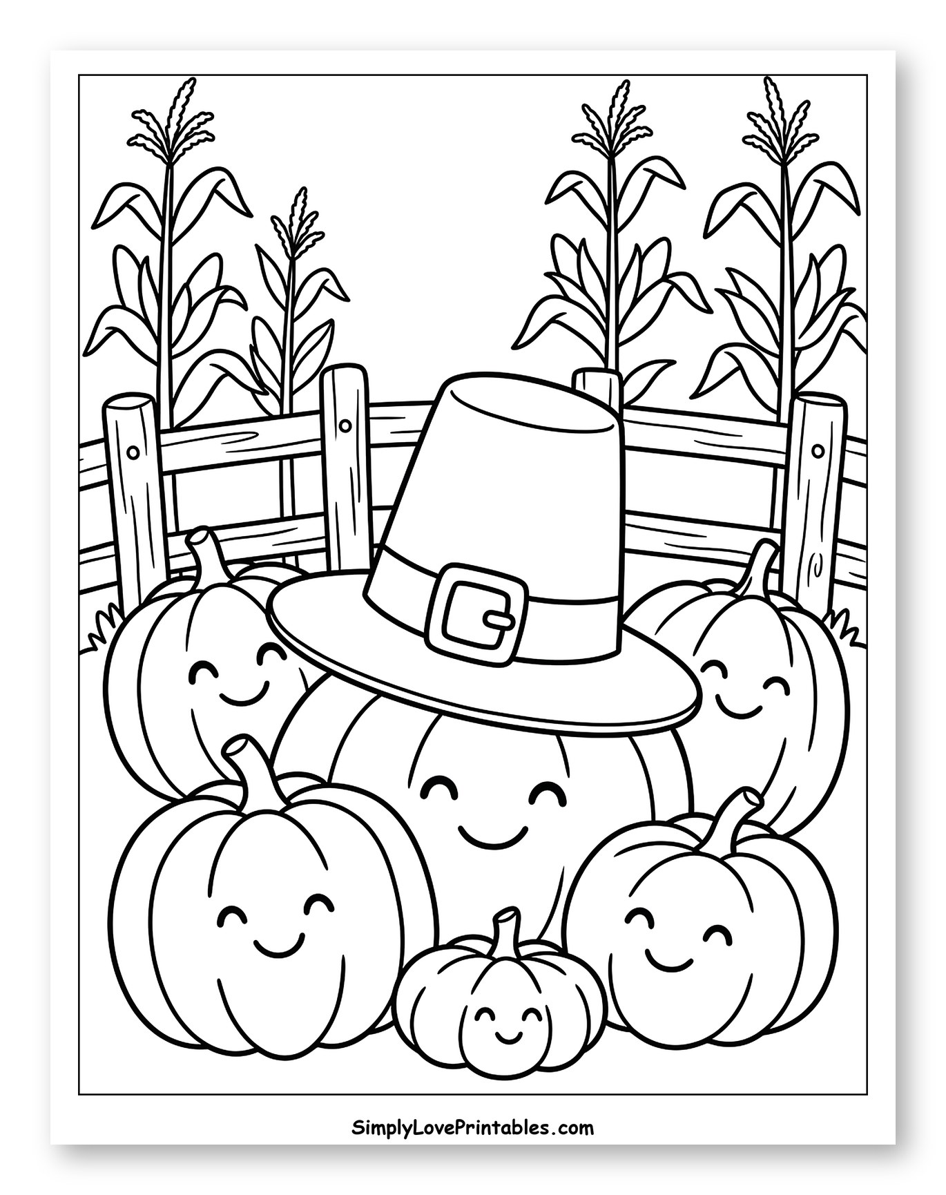 Smiling Pumpkins with Pilgrim Hat and Cornfield Coloring Sheet for Kids