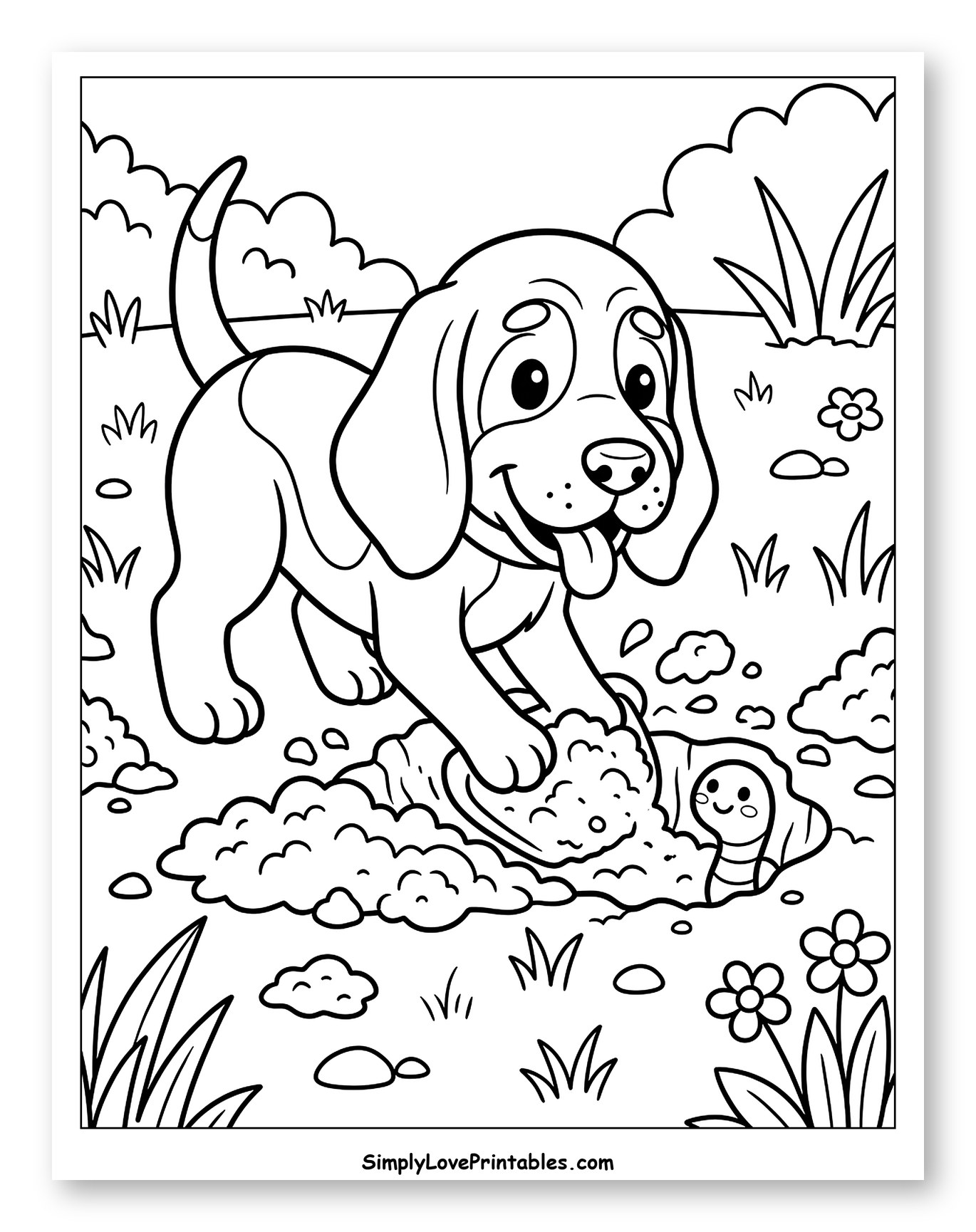 Smiling Puppy Digging Up a Worm Coloring Sheet for Kids