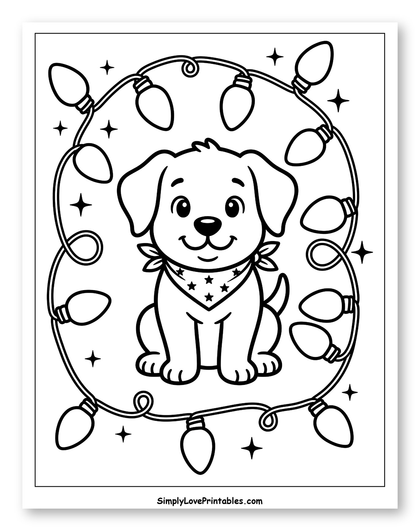 Smiling Puppy Framed by Christmas Lights to Color for Toddlers