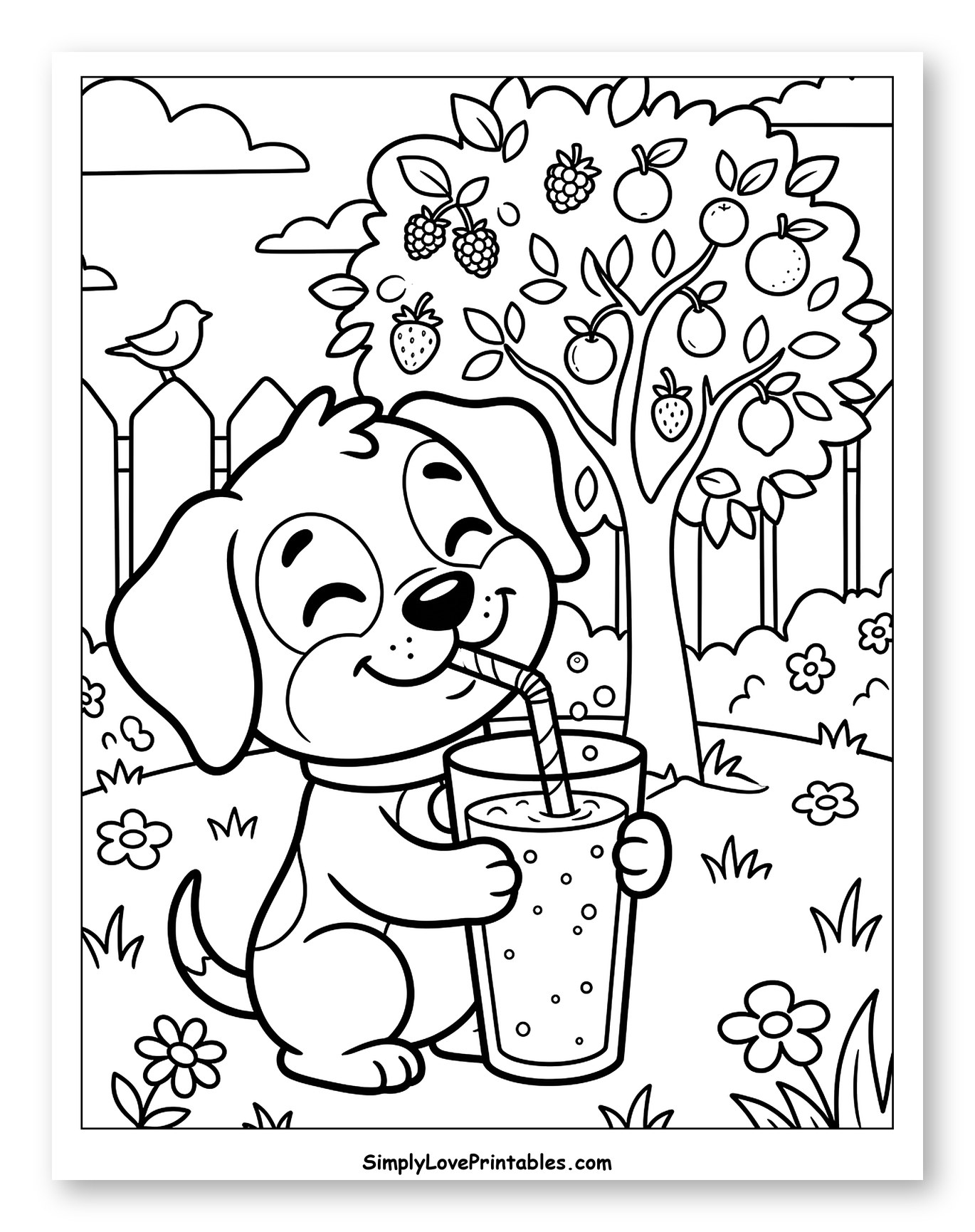 Smiling Puppy Sipping Drink in Fruity Garden Coloring Sheet for Kids