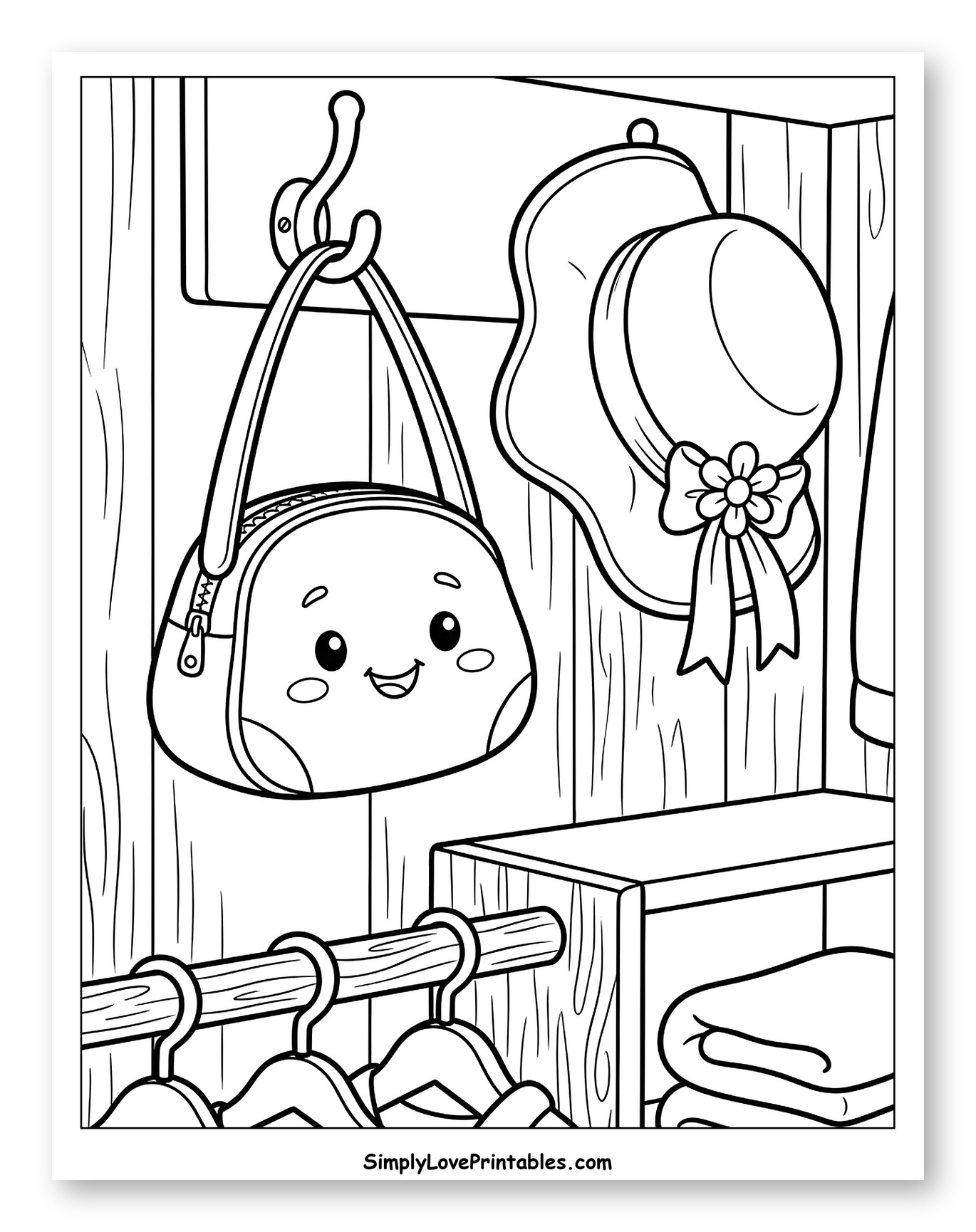Smiling Purse and Hat in Wardrobe to Color for Kids