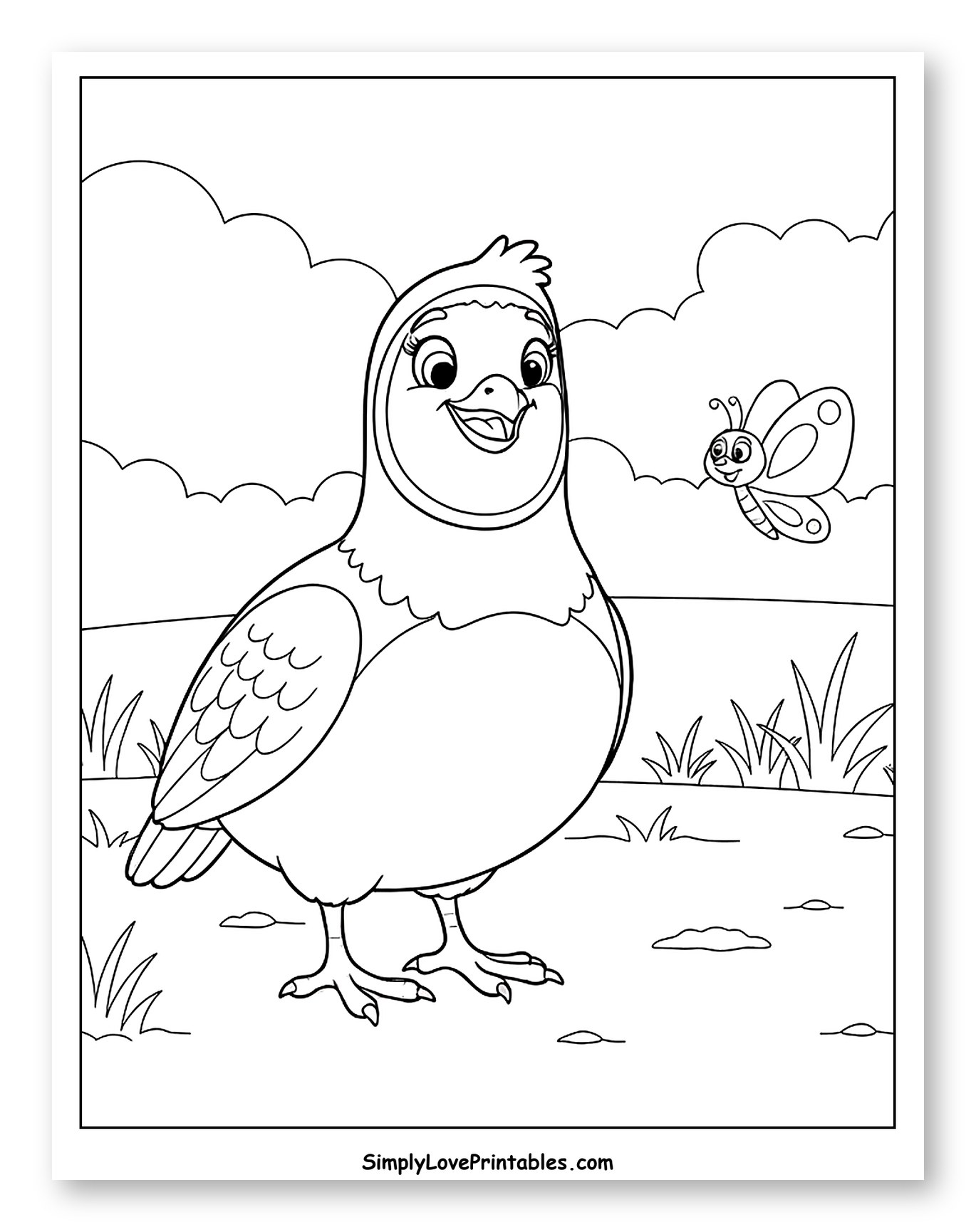Smiling Quail Watching a Friendly Butterfly