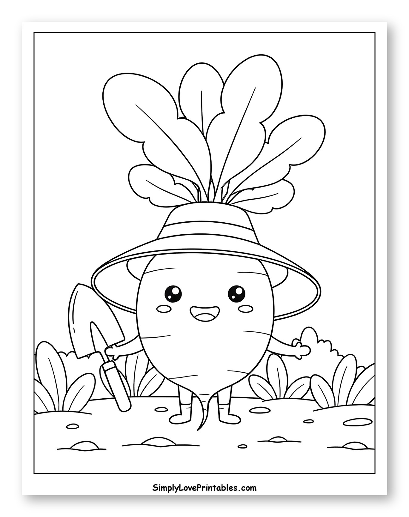 Smiling Radish Wearing Hat and Holding Shovel Coloring Sheet for Kids