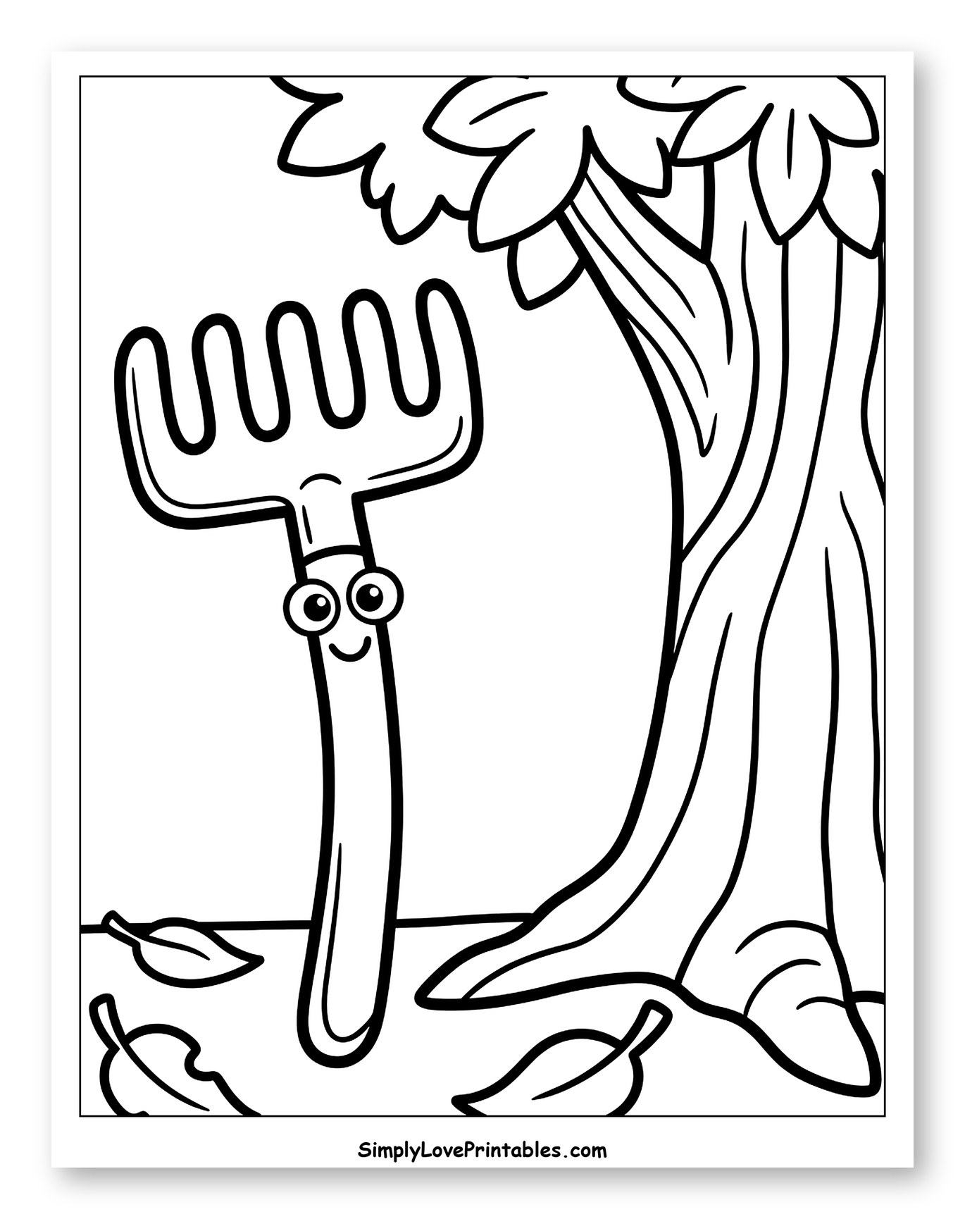 Smiling Rake Beside a Leafy Tree to Color for Toddlers