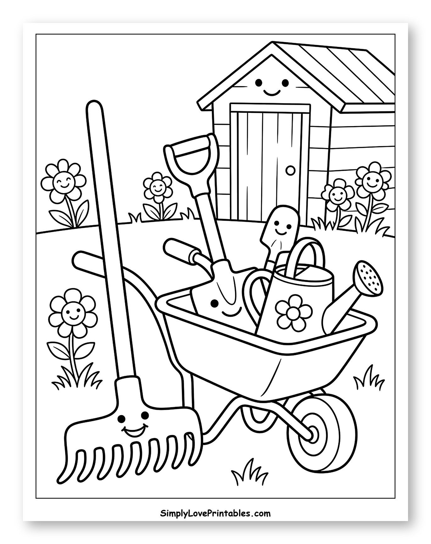 Smiling Rake Wheelbarrow and Garden Shed