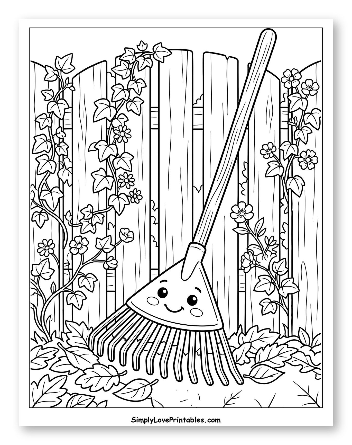 Smiling Rake with Leaves and Flowery Fence