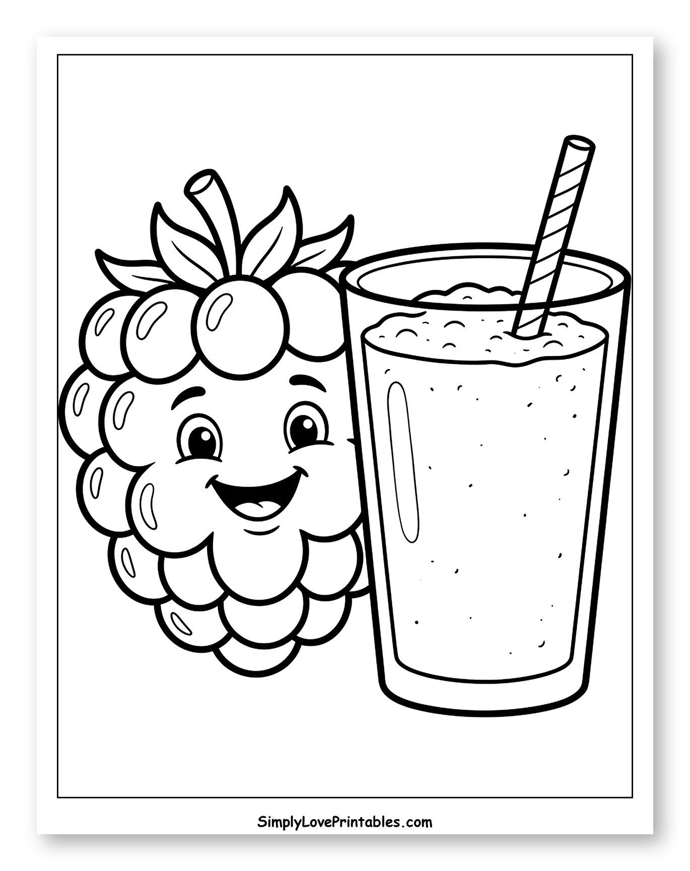 Smiling Raspberry Next to a Smoothie Coloring Sheet for Toddlers