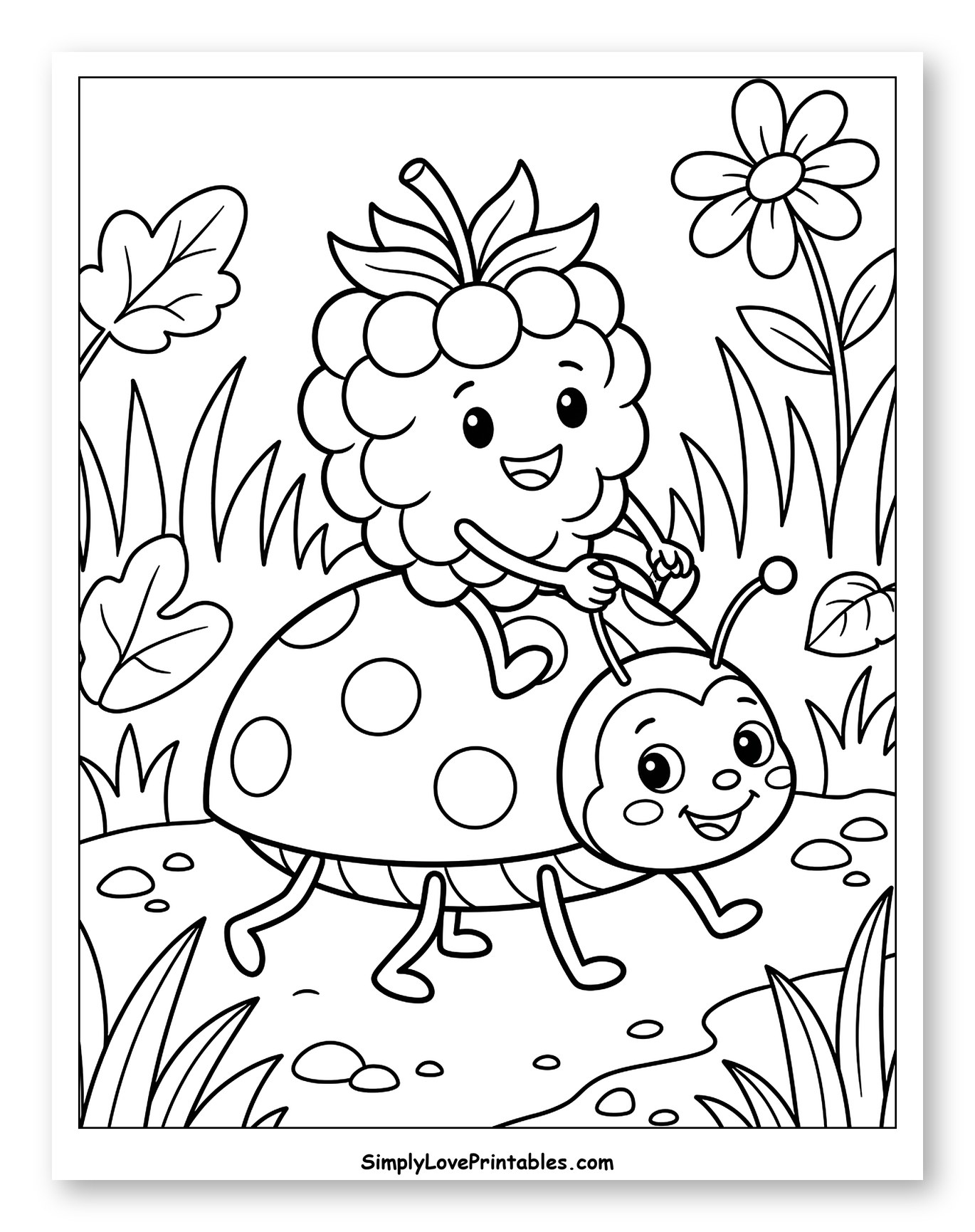 Smiling Raspberry Rides a Friendly Ladybug Coloring Sheet for Kids