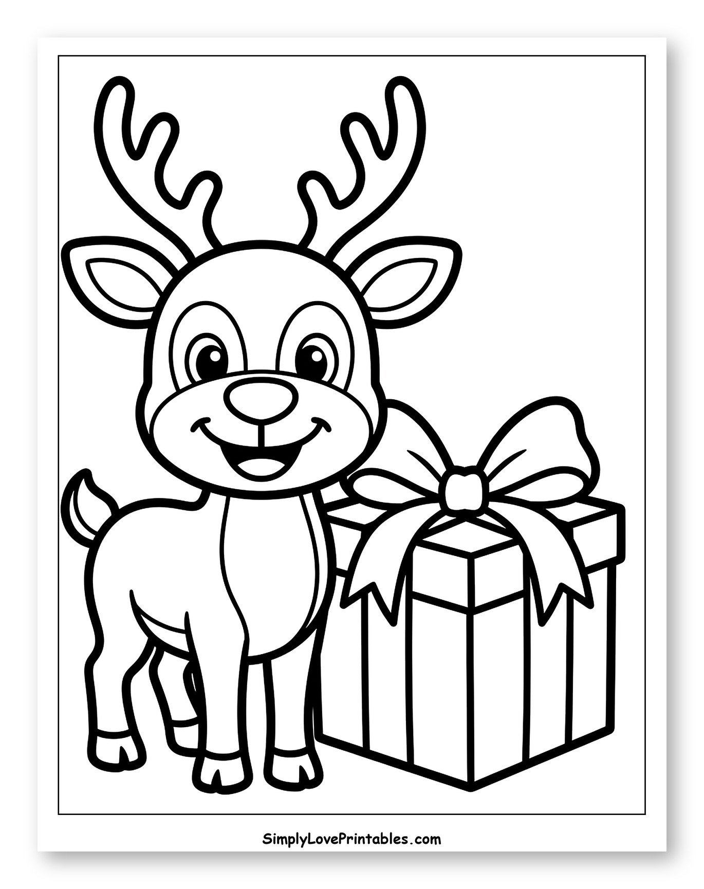 Smiling Reindeer Standing with a Christmas Present Coloring Sheet for Toddlers